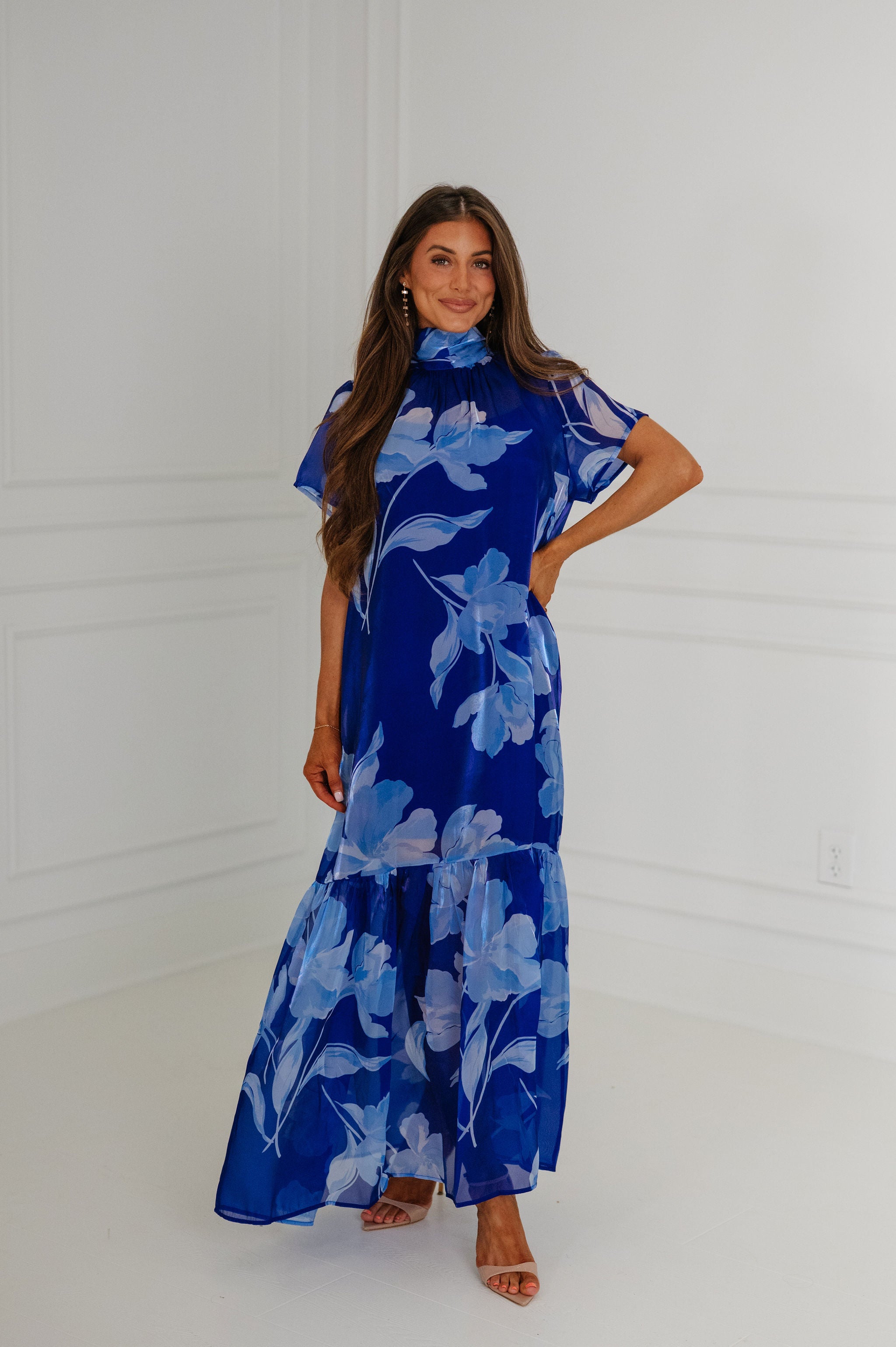 Dime Floral Organza Mockneck Maxi Dress-Navy Blue