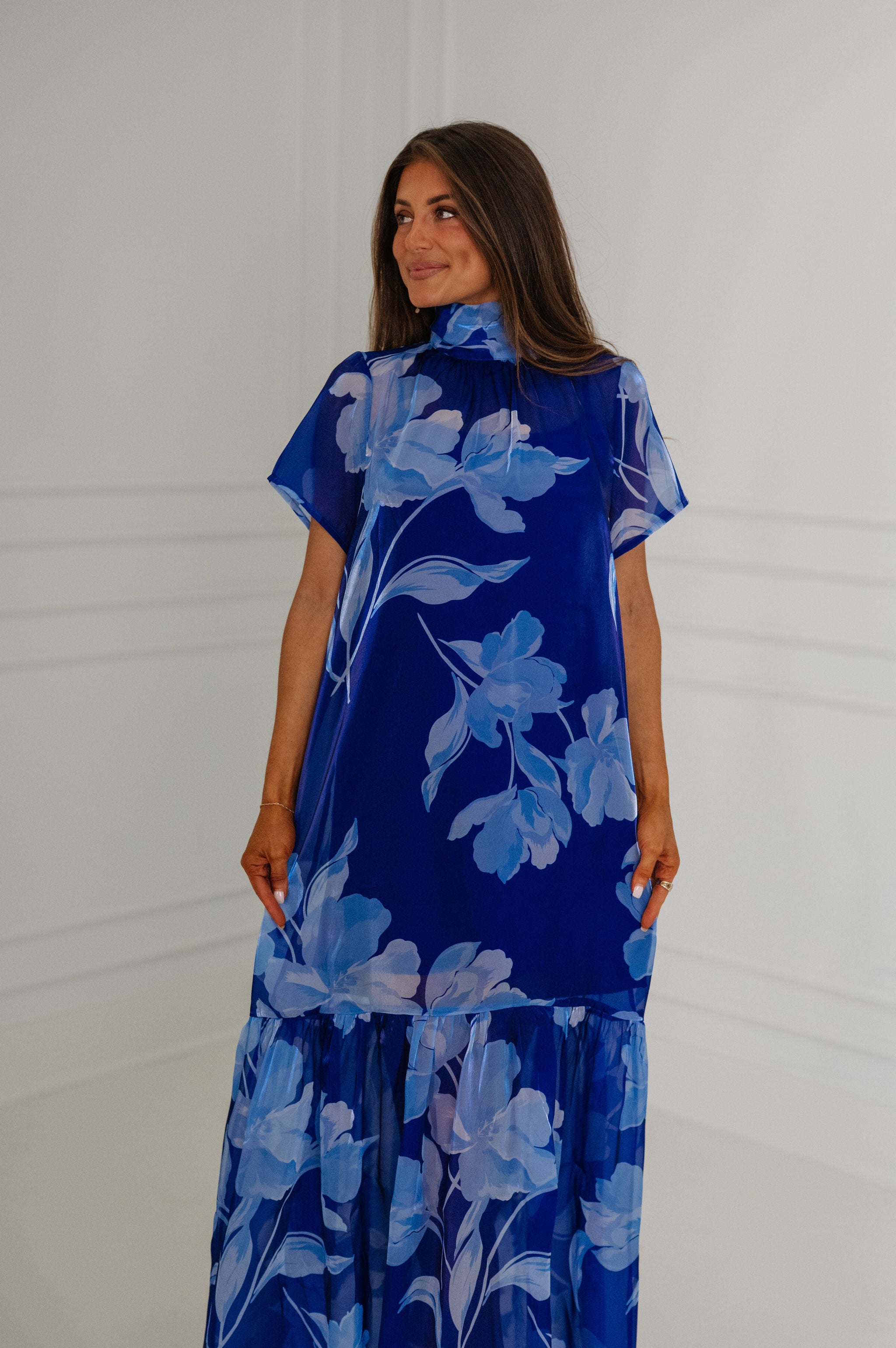 Dime Floral Organza Mockneck Maxi Dress-Navy Blue