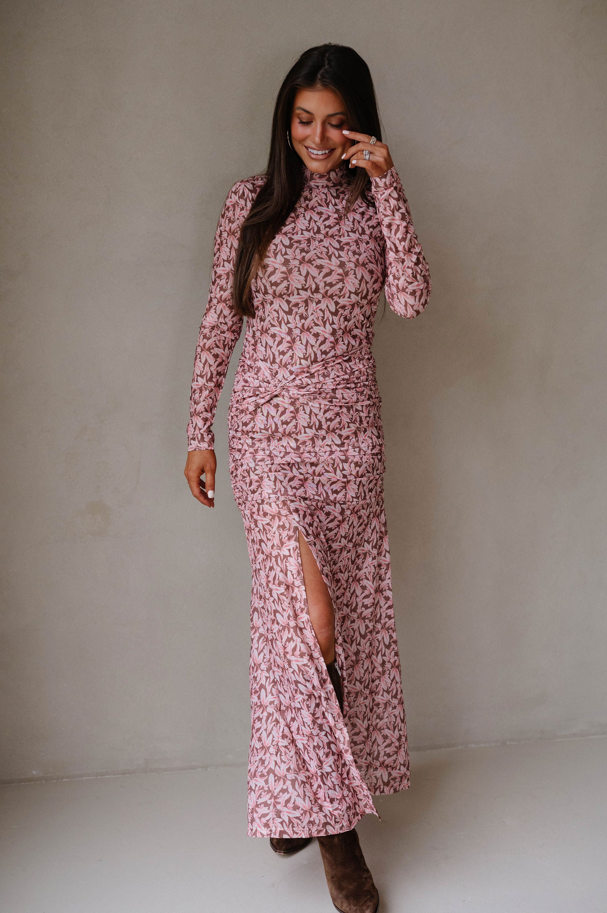 Floral Mesh Ruched Maxi Dress-Brown