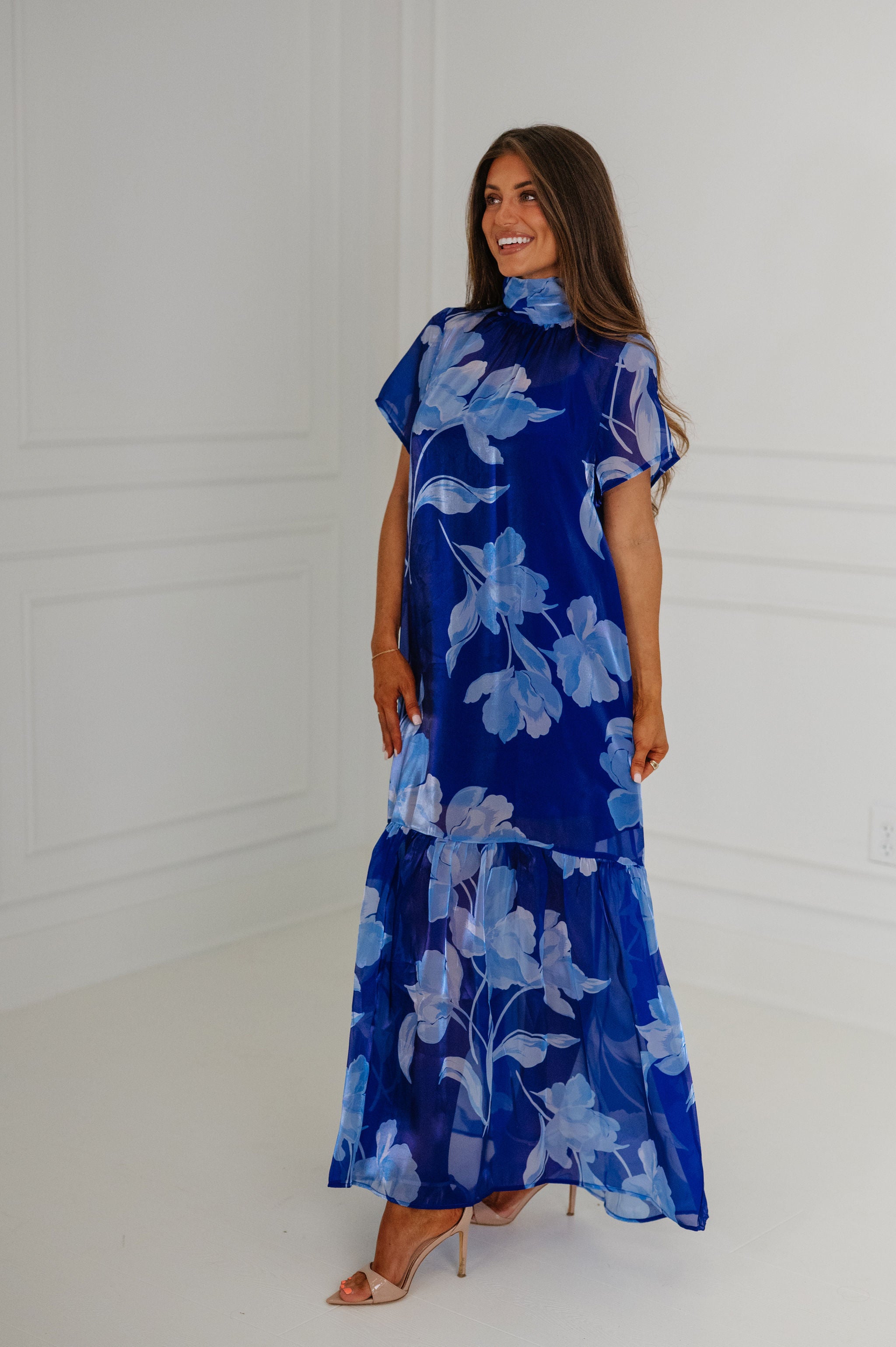 Dime Floral Organza Mockneck Maxi Dress-Navy Blue