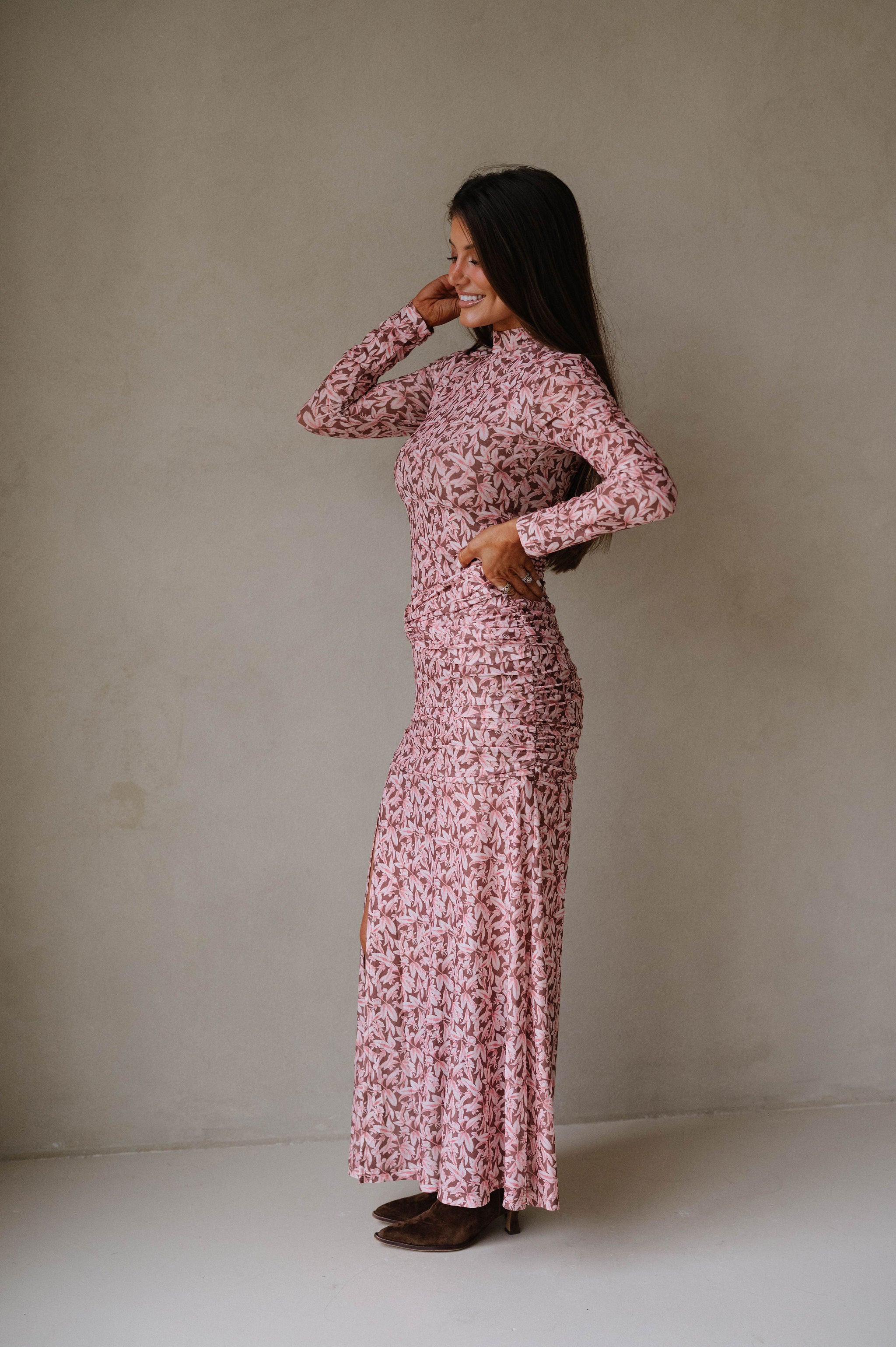 Floral Mesh Ruched Maxi Dress-Brown