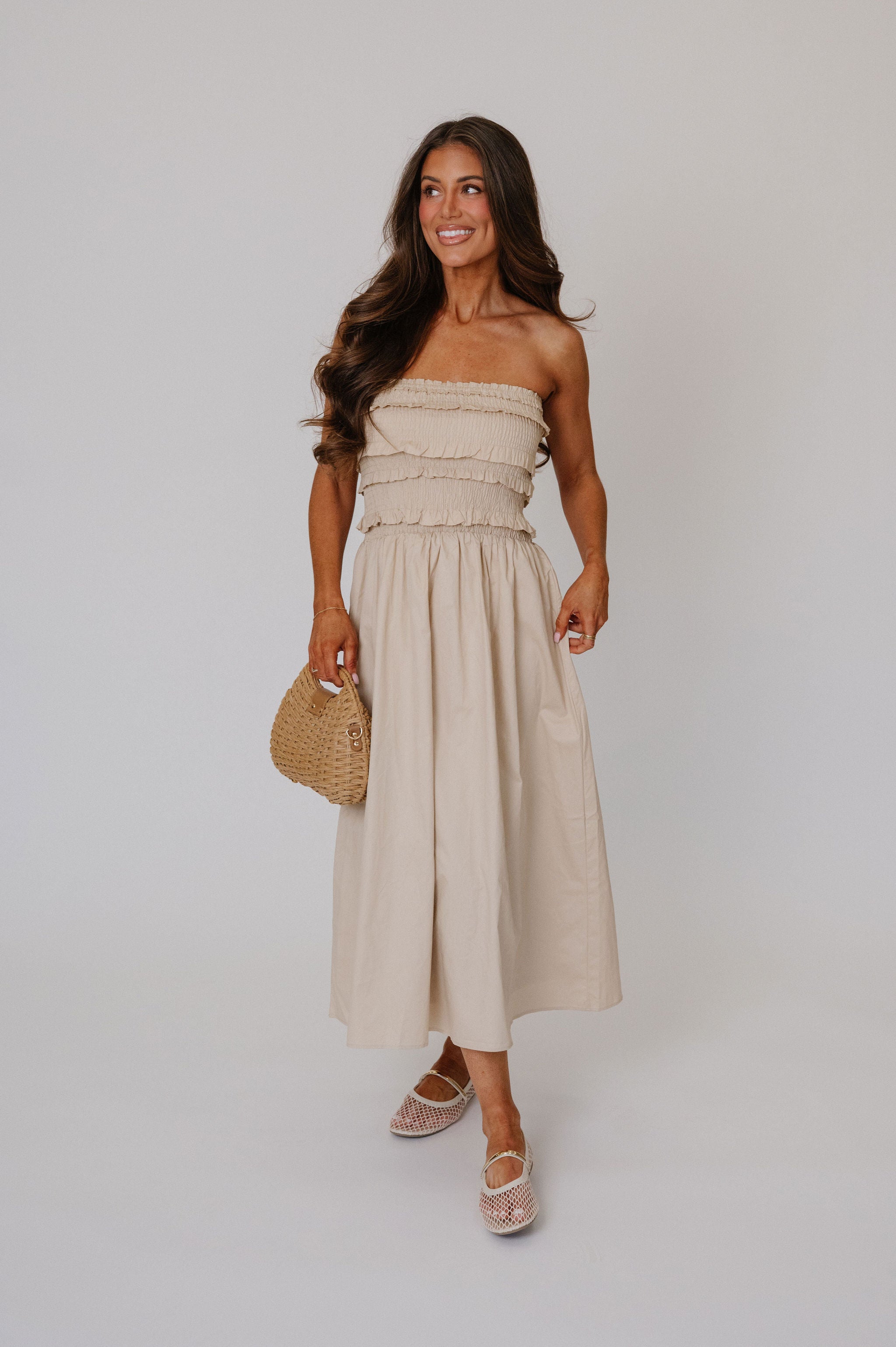 Sara Strapless Midi Dress-Beige