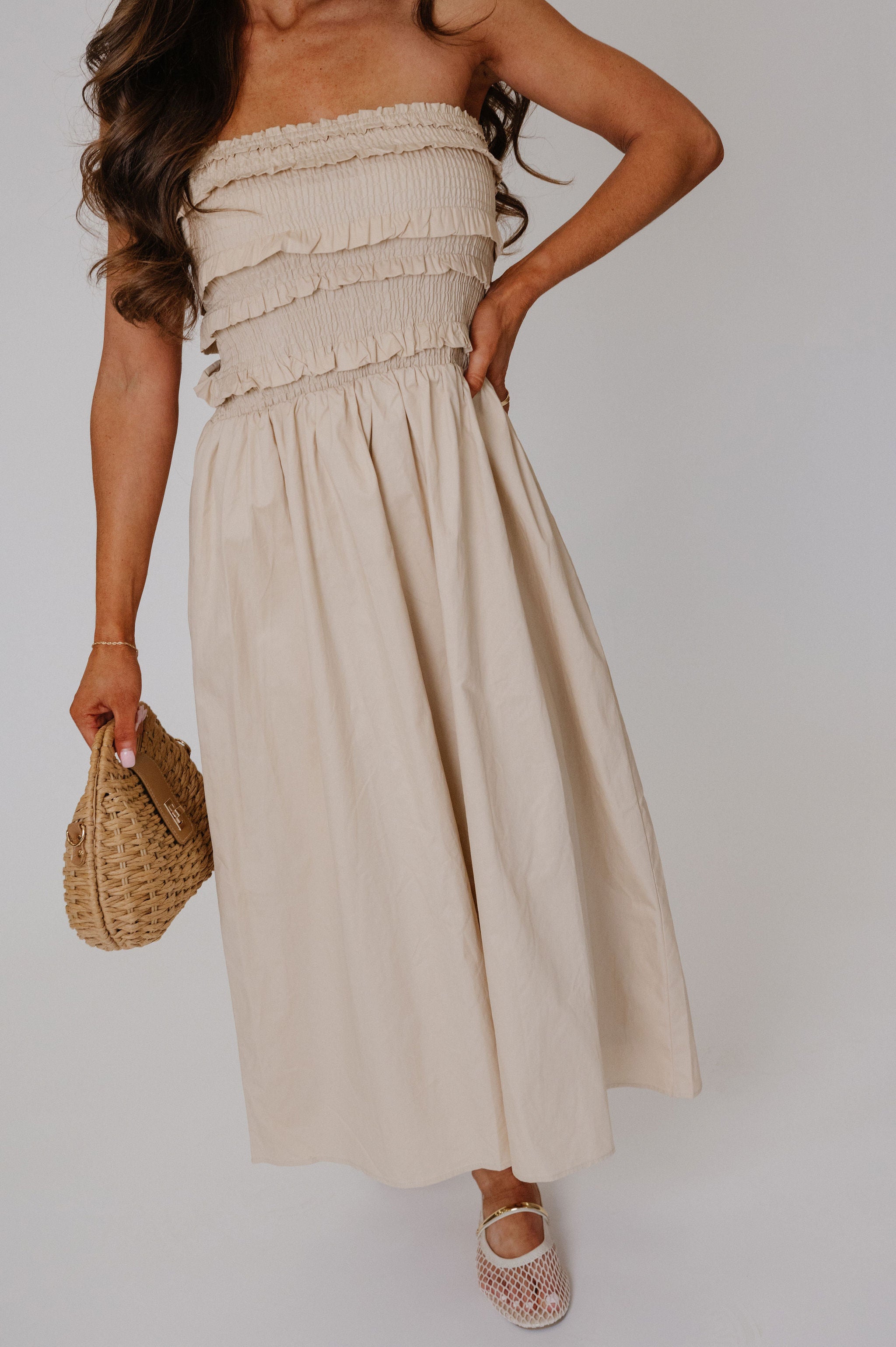Sara Strapless Midi Dress-Beige