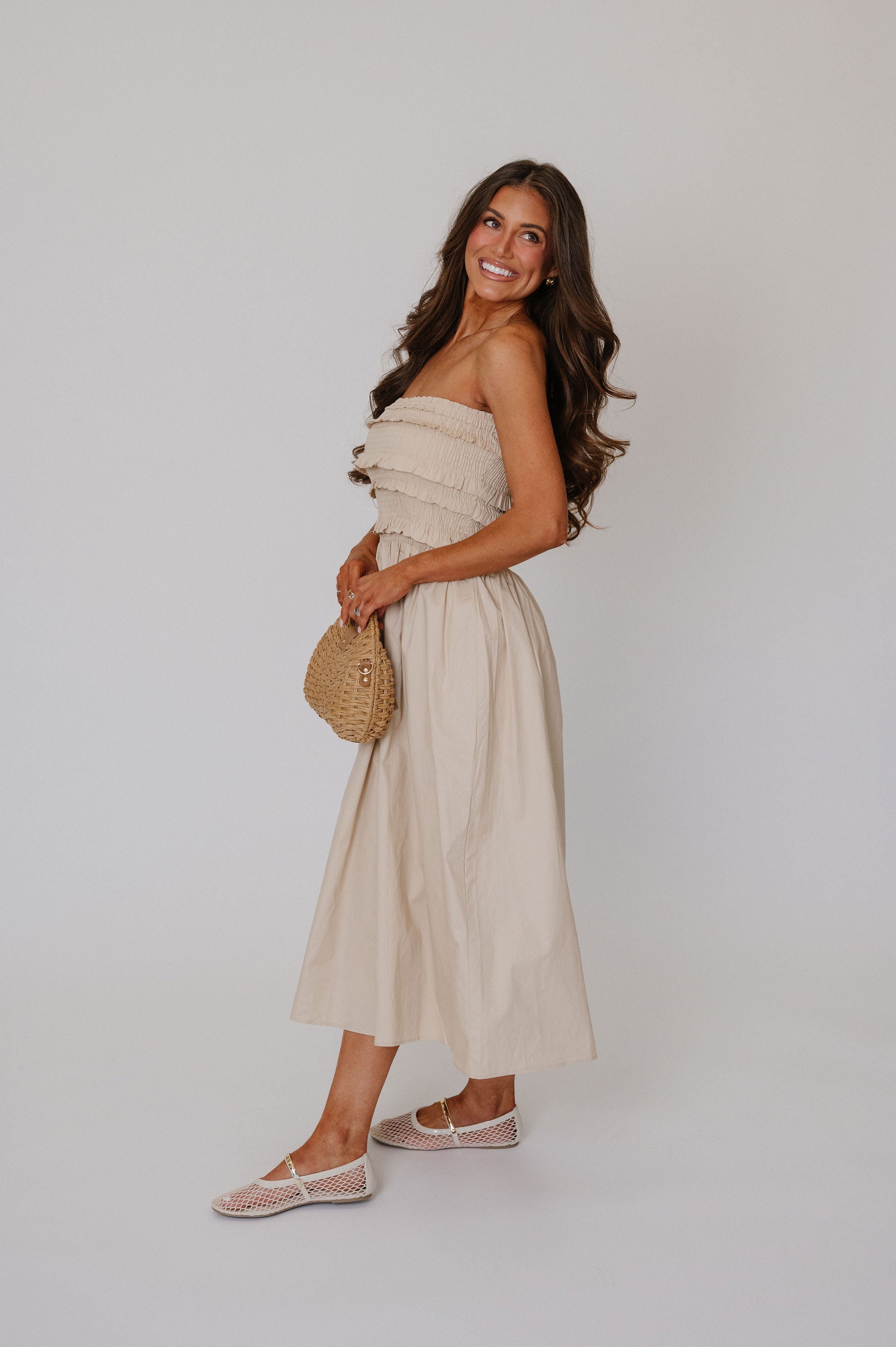 Sara Strapless Midi Dress-Beige