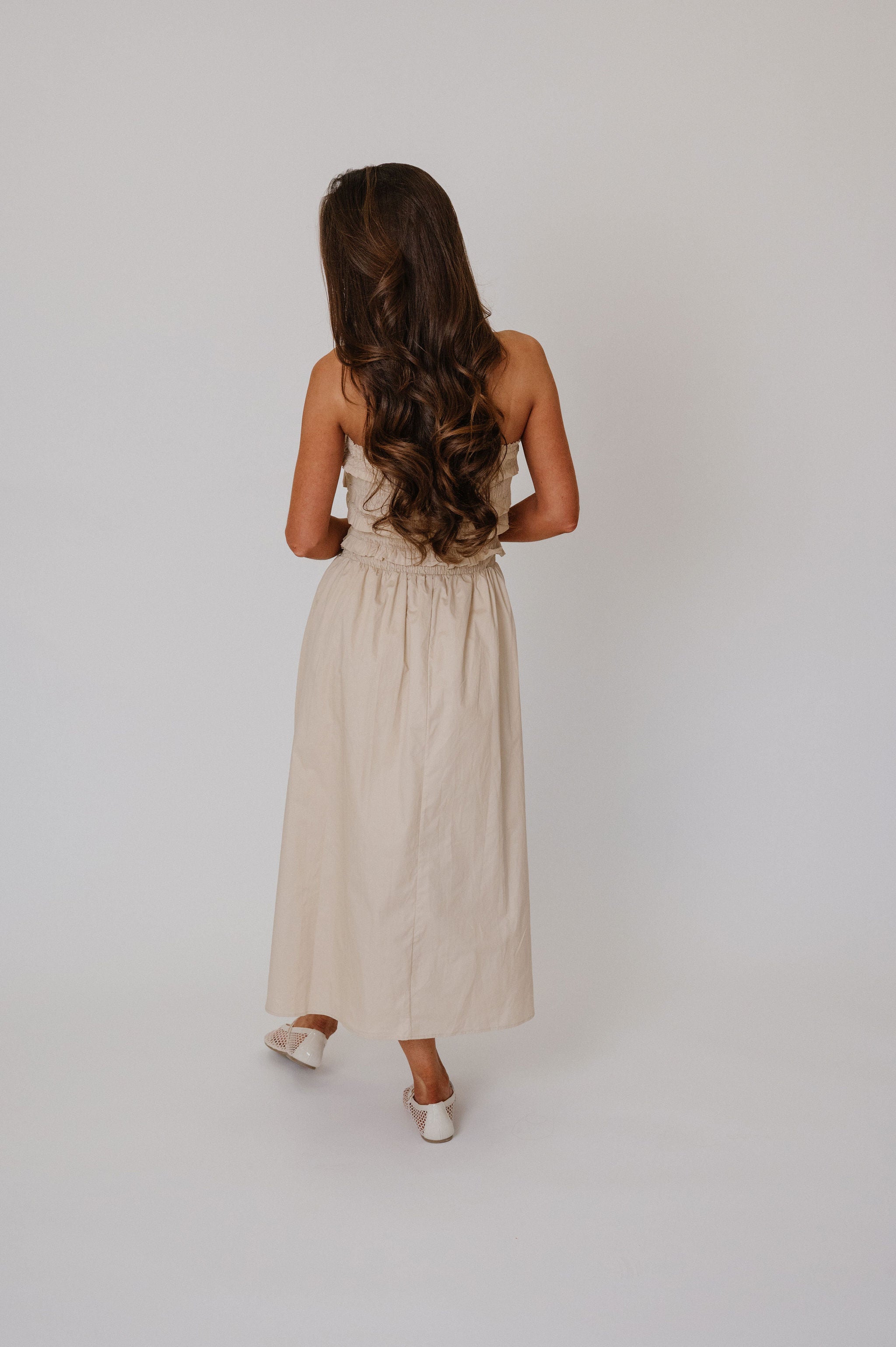 Sara Strapless Midi Dress-Beige