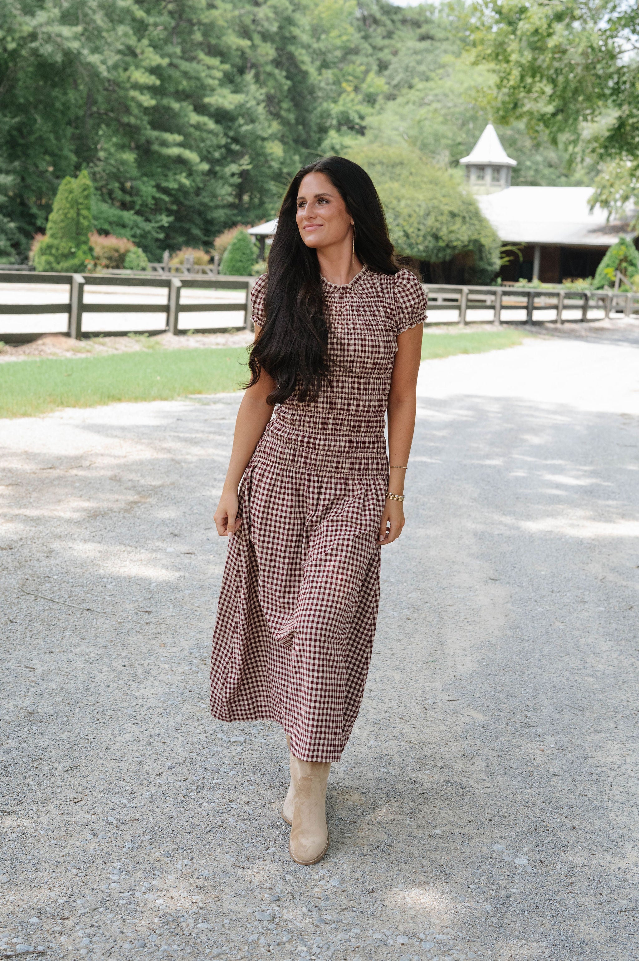 Amelia Gingham Midi Dress-Burgundy/Taupe
