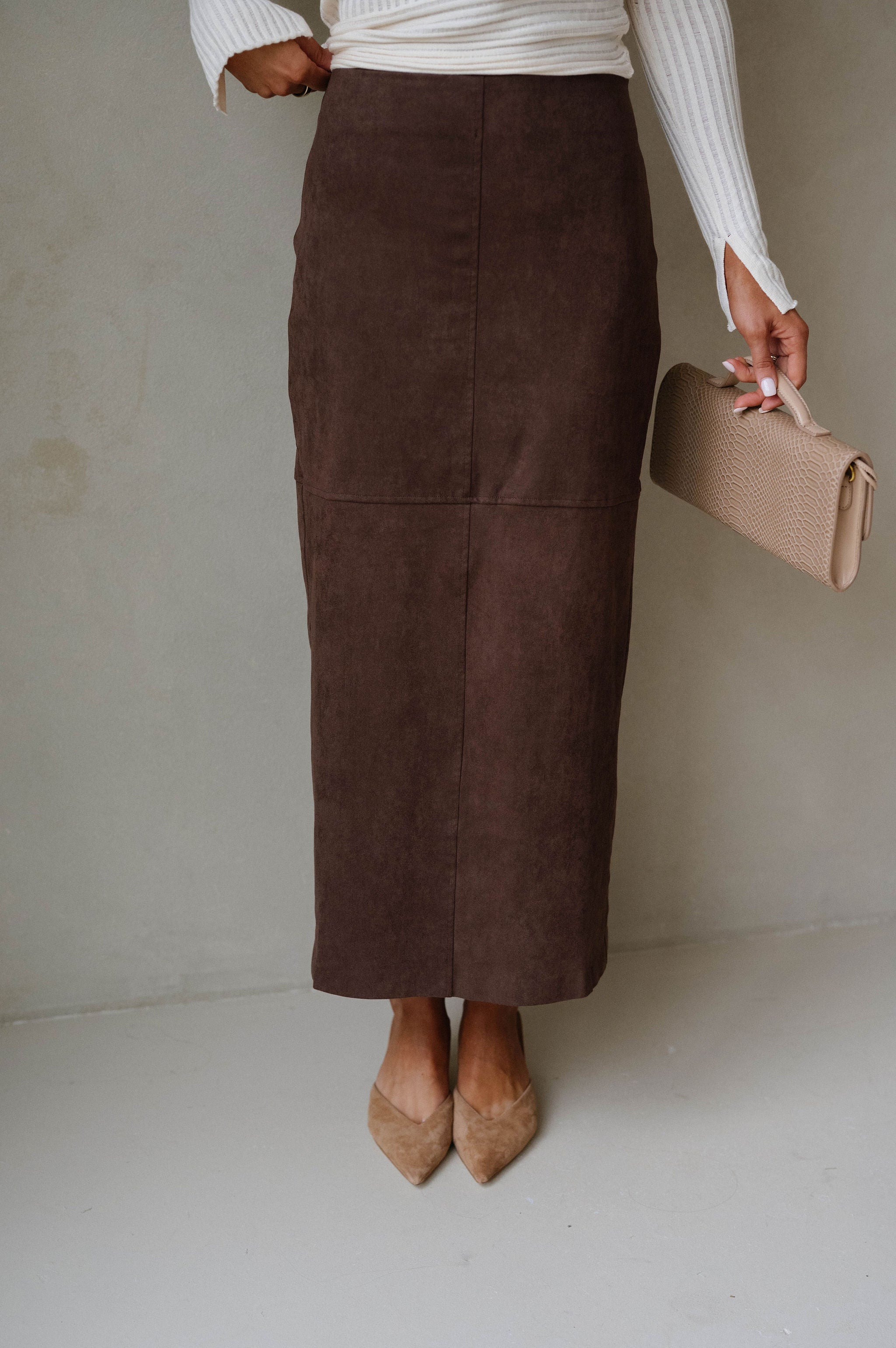 Back Slit Suede Skirt-Espresso