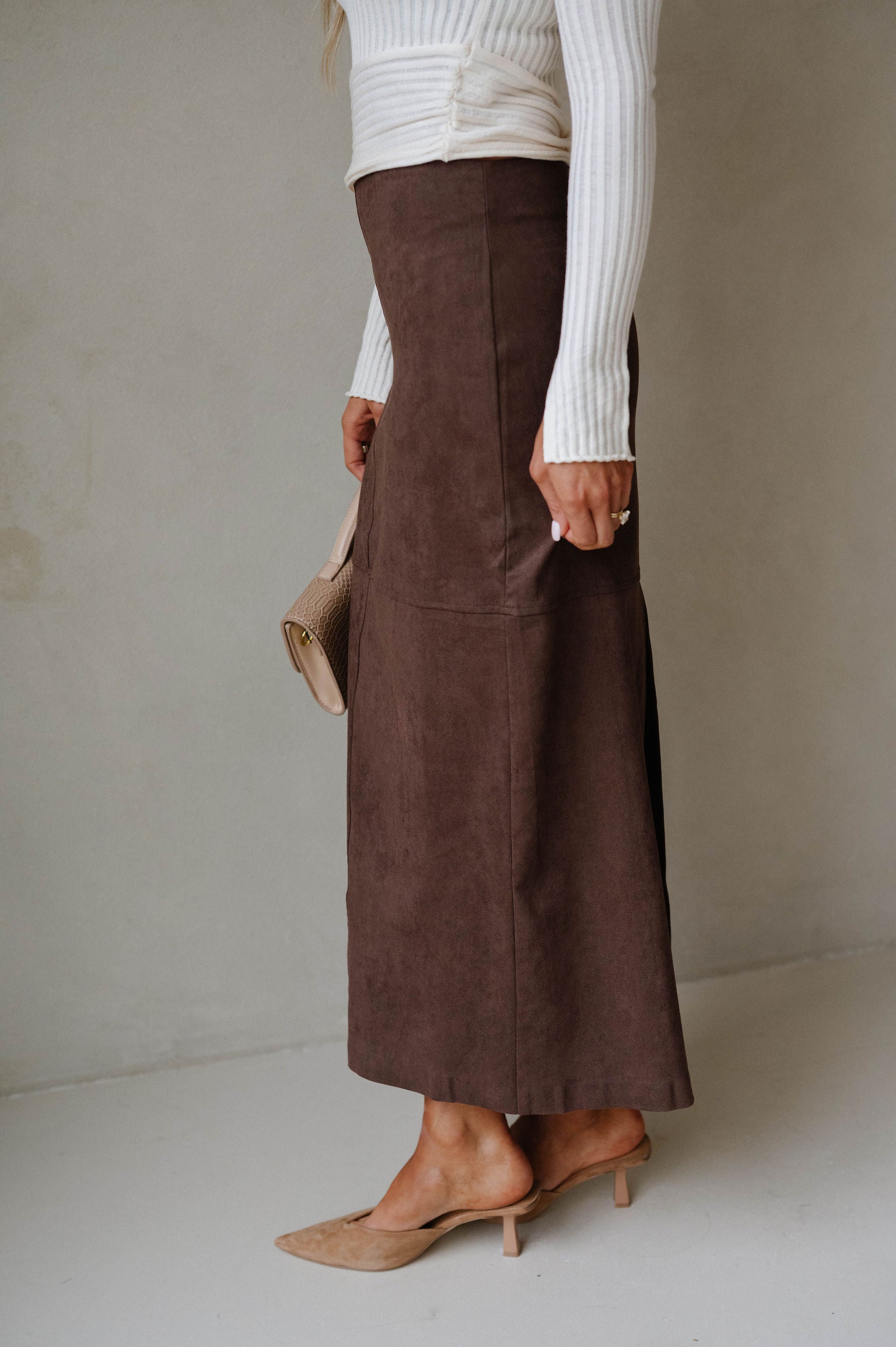 Back Slit Suede Skirt-Espresso