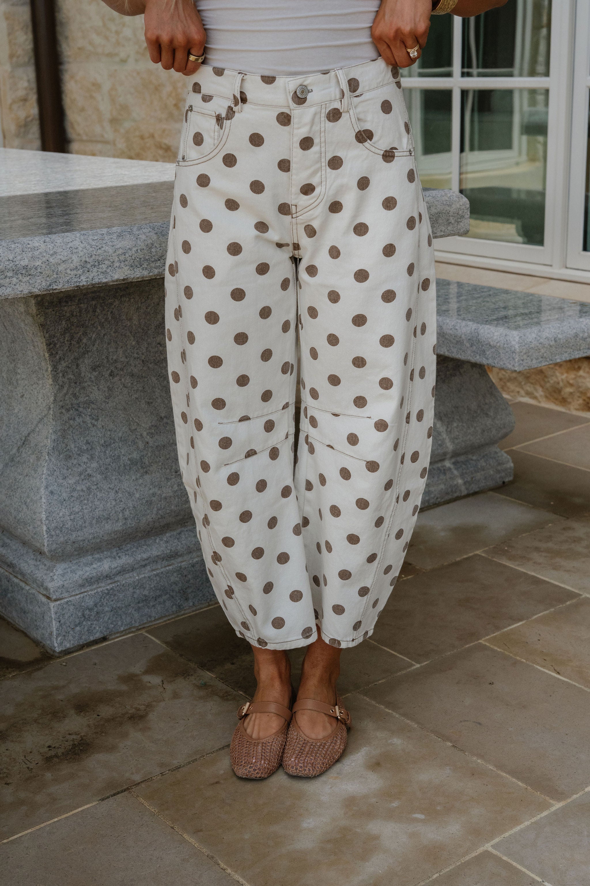 Elle Polka Dot Barrel Jeans-Oatmeal