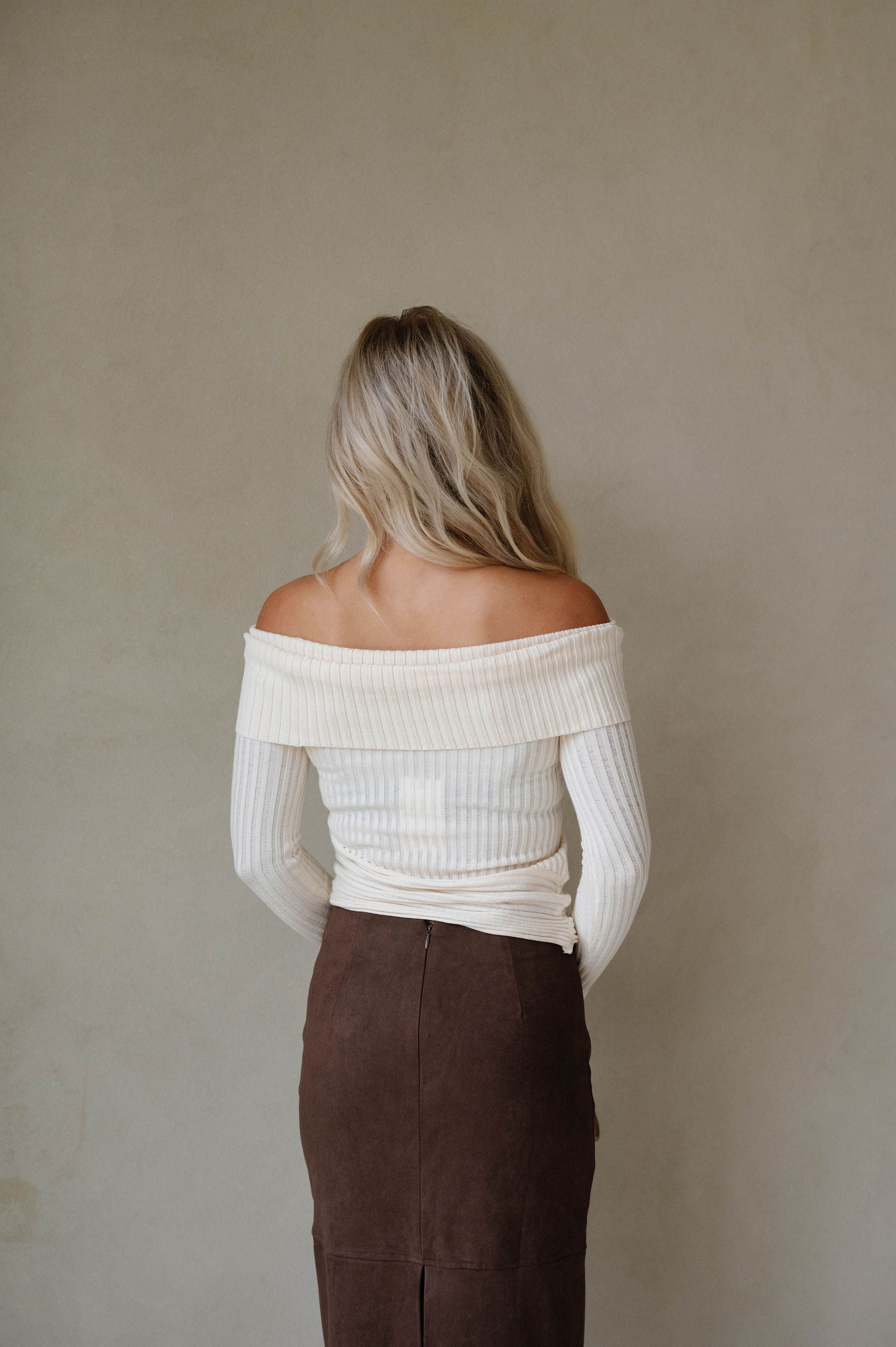 Ribbed Knit OTS Foldover Sweater-Cream