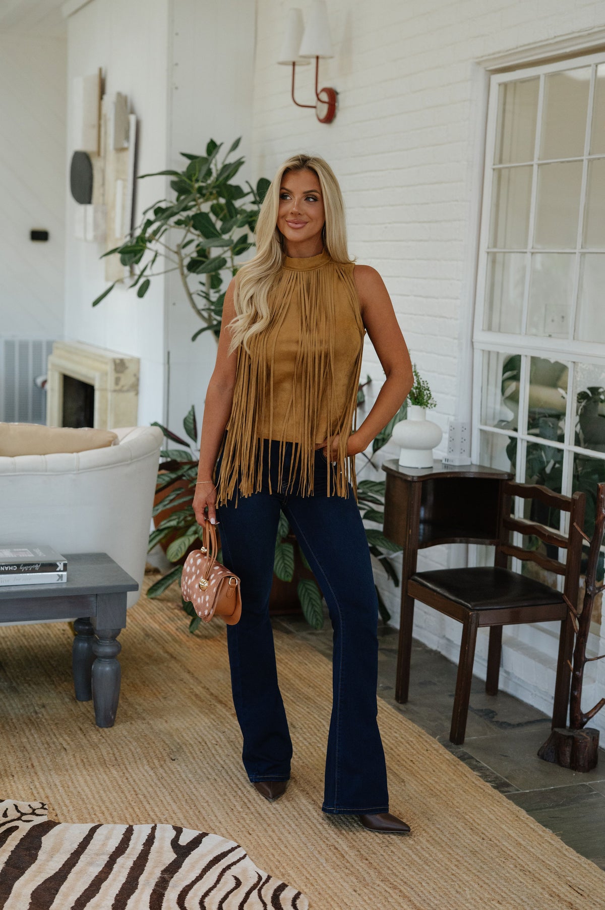 Daley Fringe Suede Top-Camel