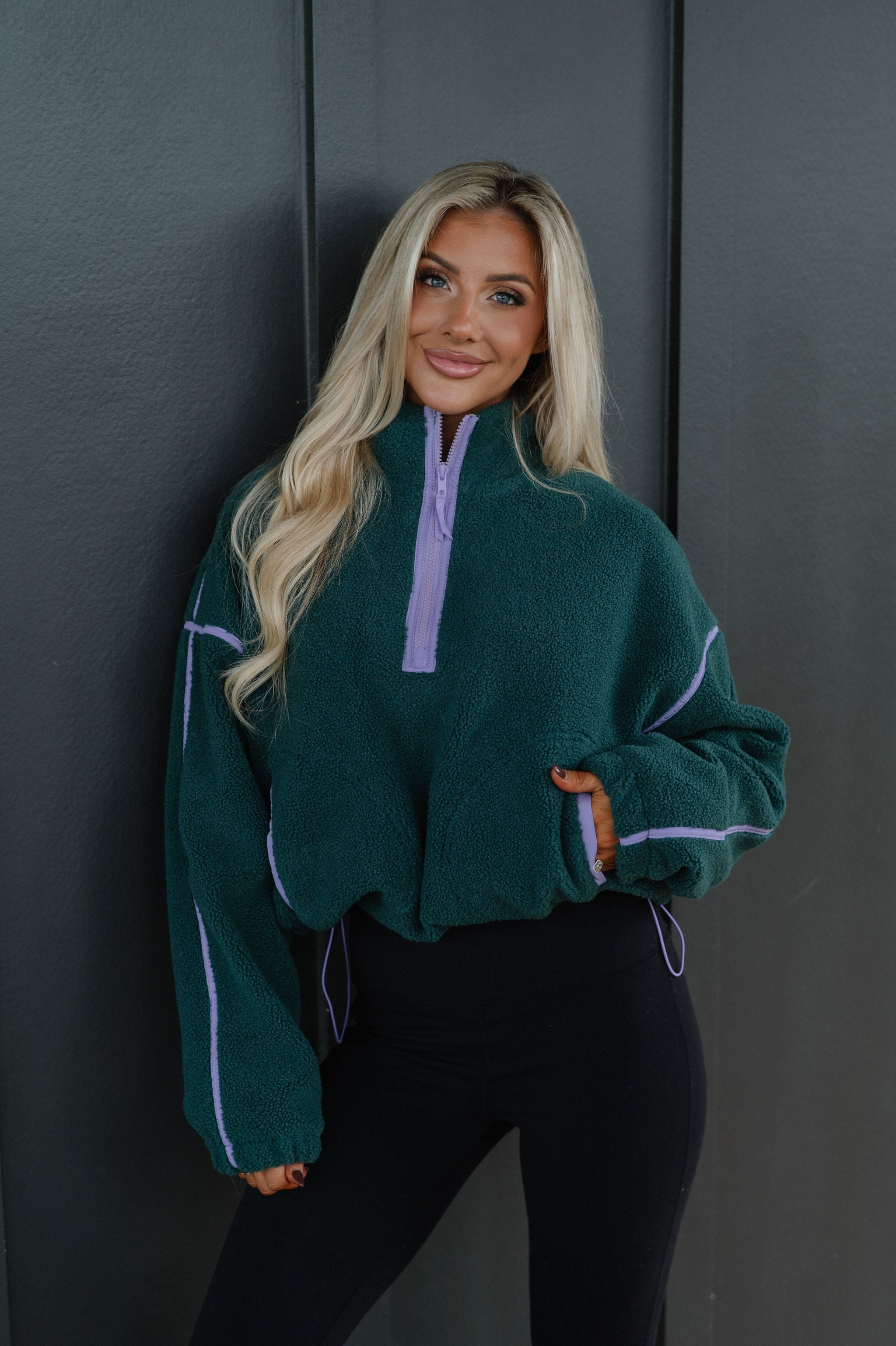 Contrast Sherpa Pullover-Evergreen