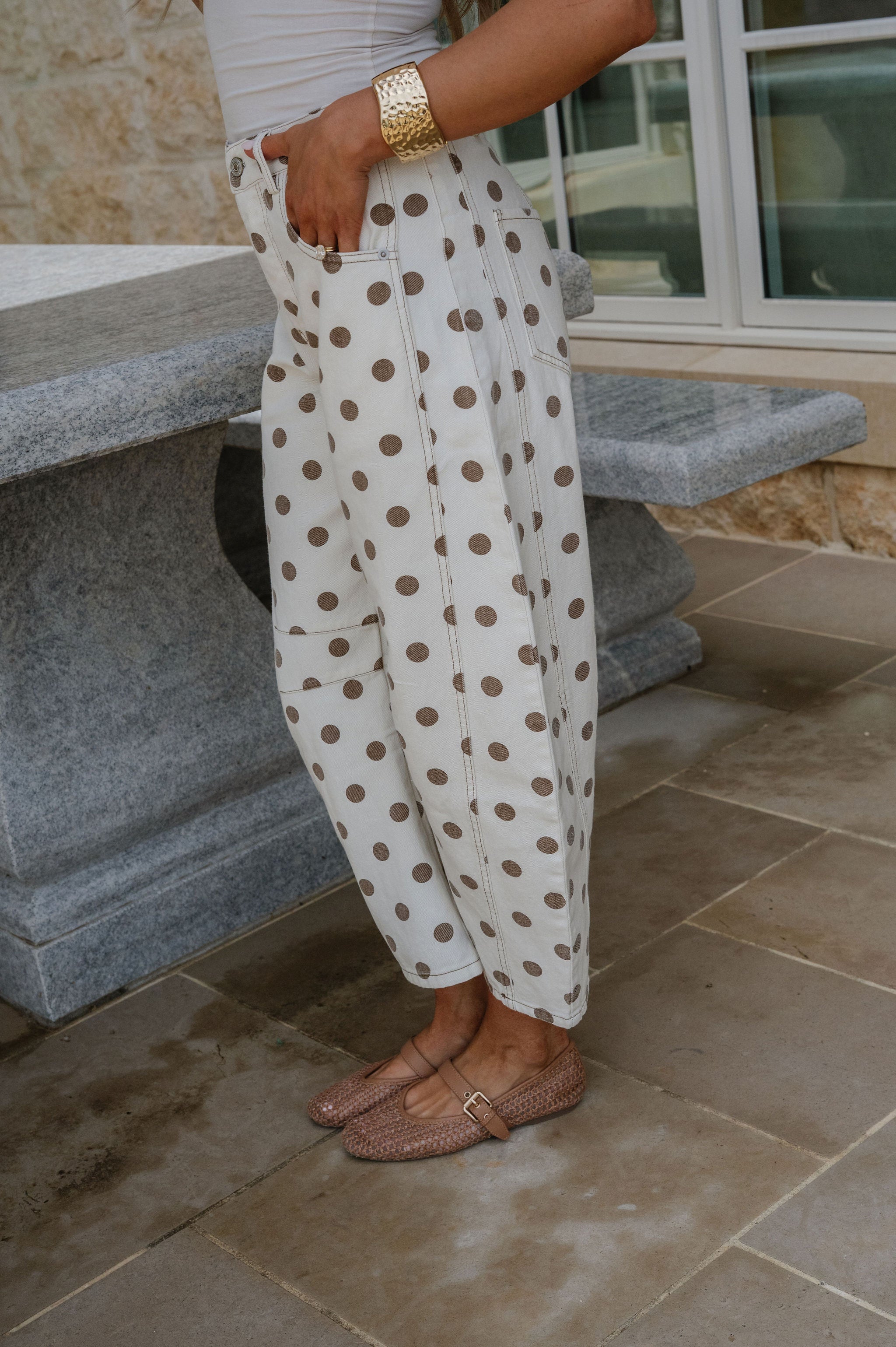 Elle Polka Dot Barrel Jeans-Oatmeal