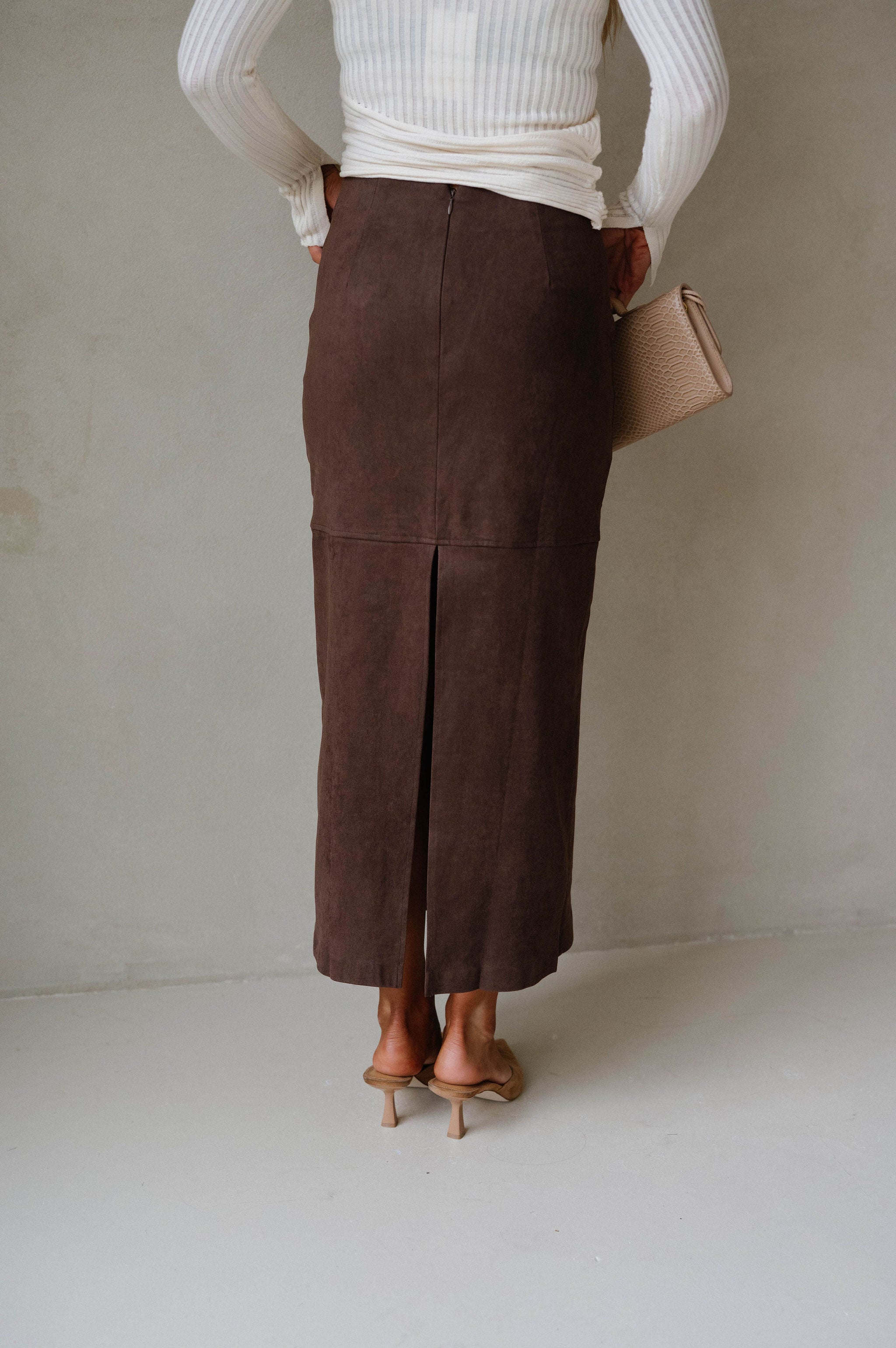 Back Slit Suede Skirt-Espresso
