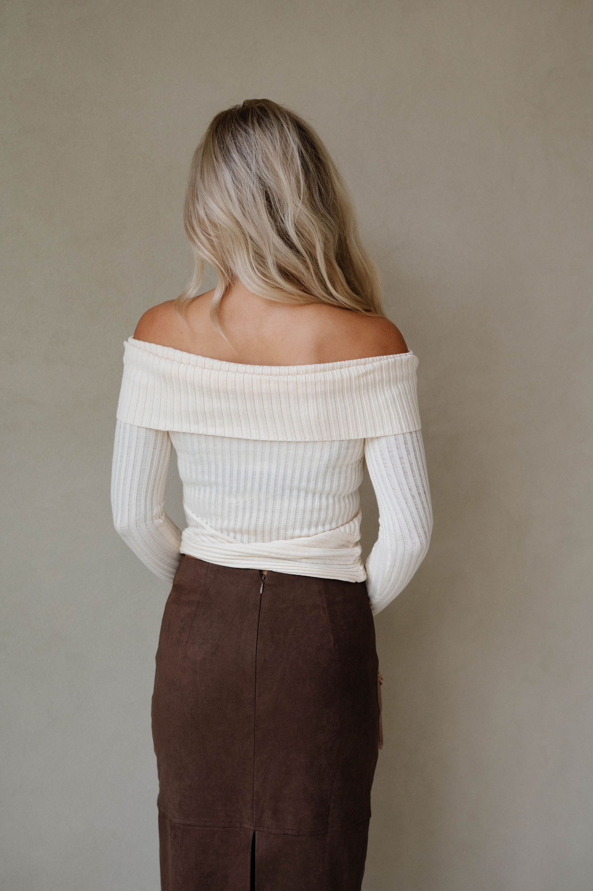 Ribbed Knit OTS Foldover Sweater-Cream