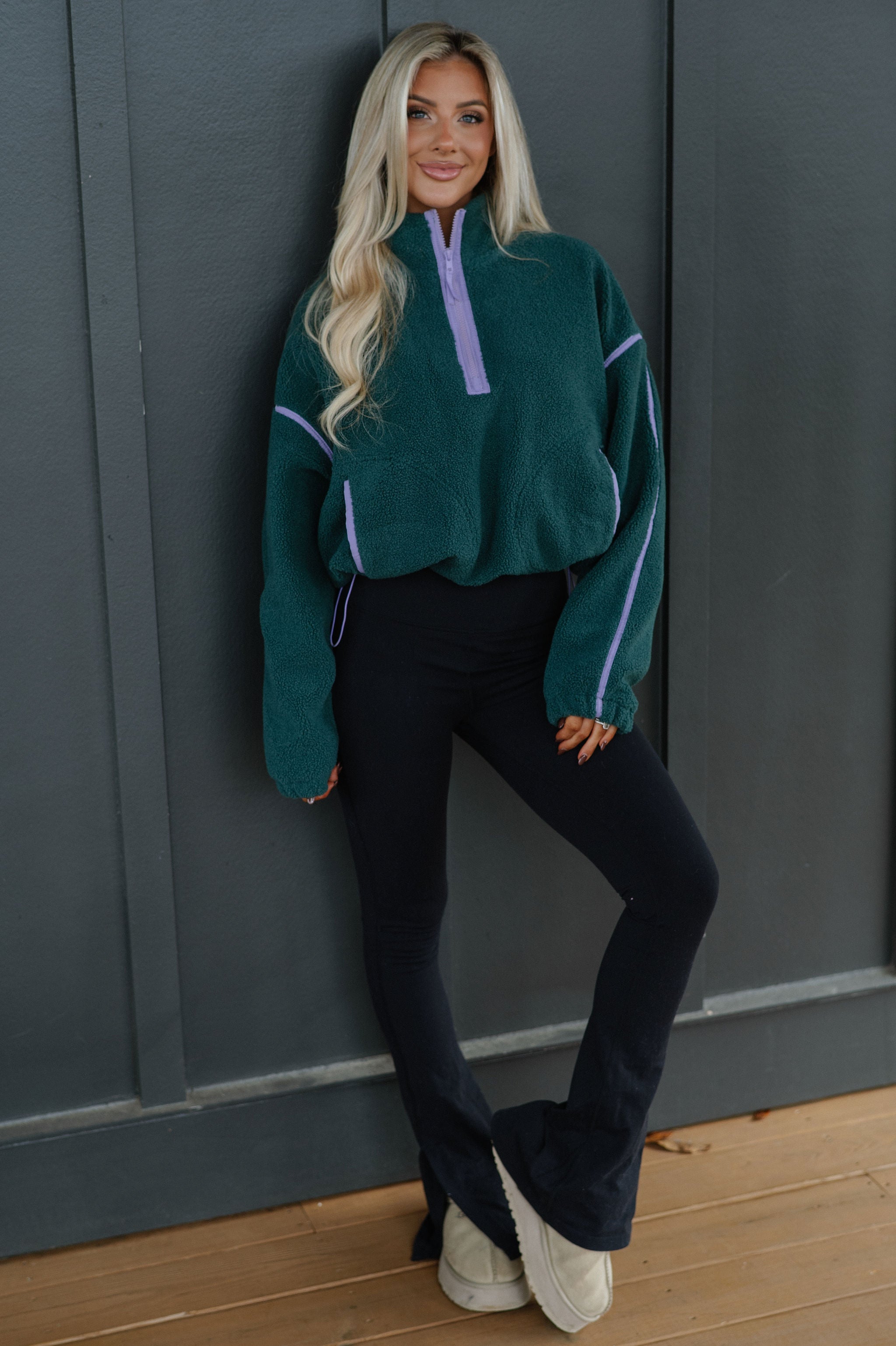 Contrast Sherpa Pullover-Evergreen