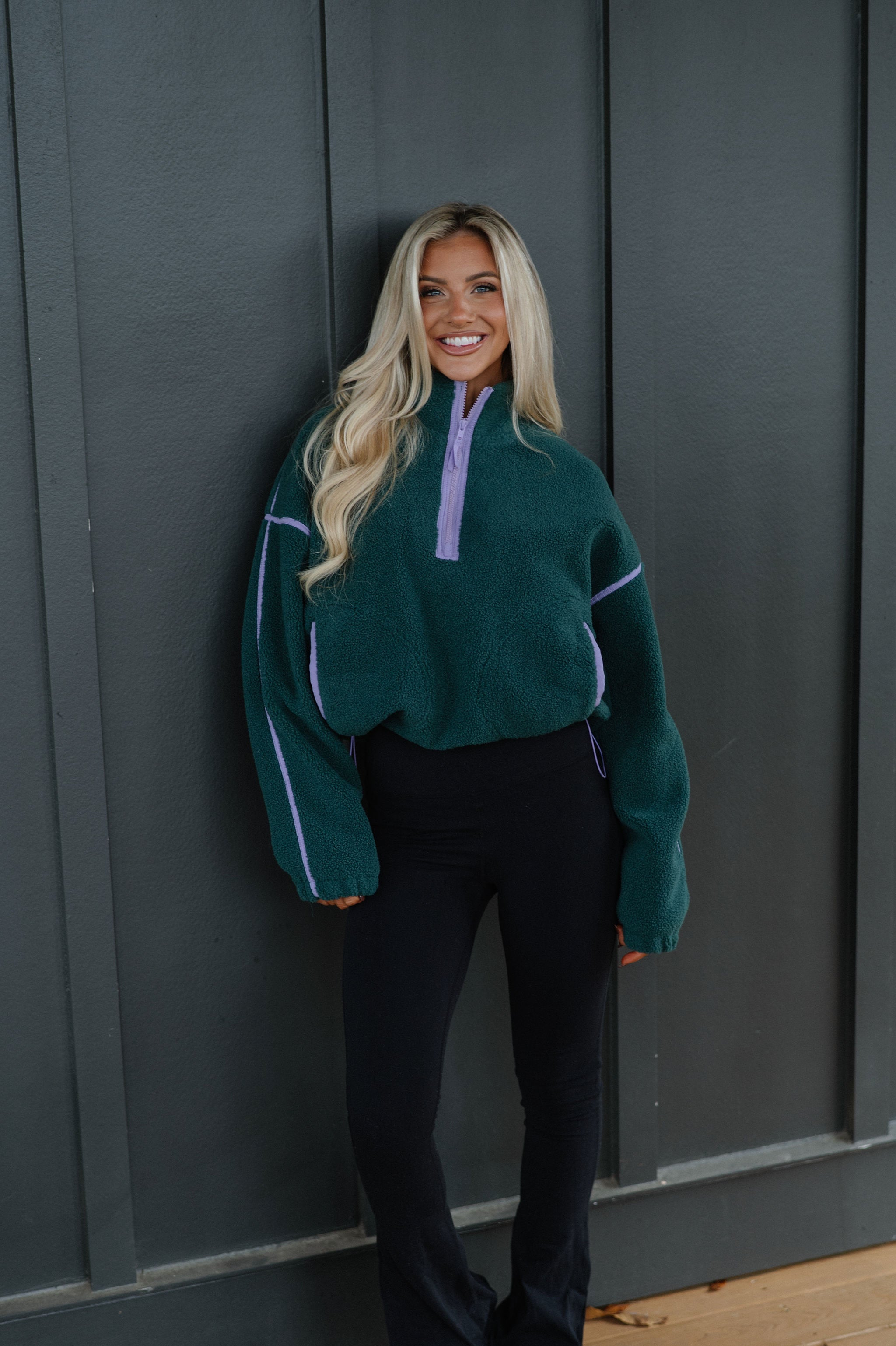 Contrast Sherpa Pullover-Evergreen