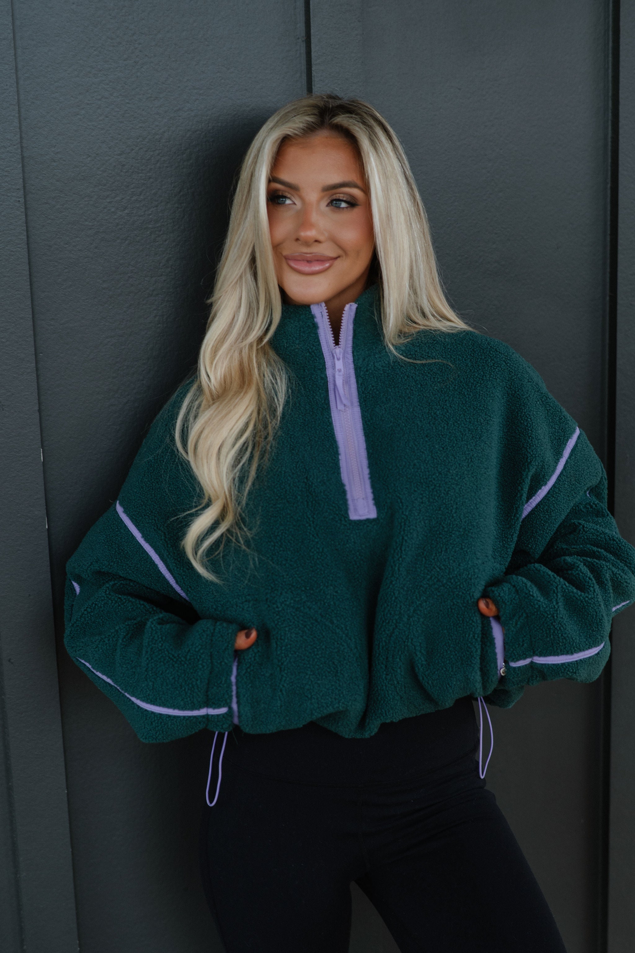 Contrast Sherpa Pullover-Evergreen