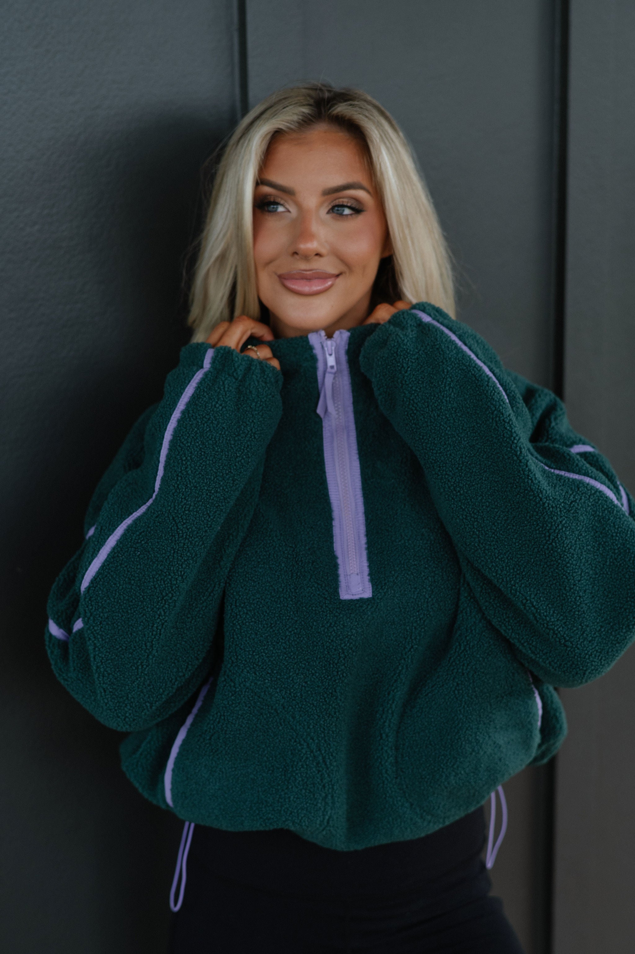 Contrast Sherpa Pullover-Evergreen