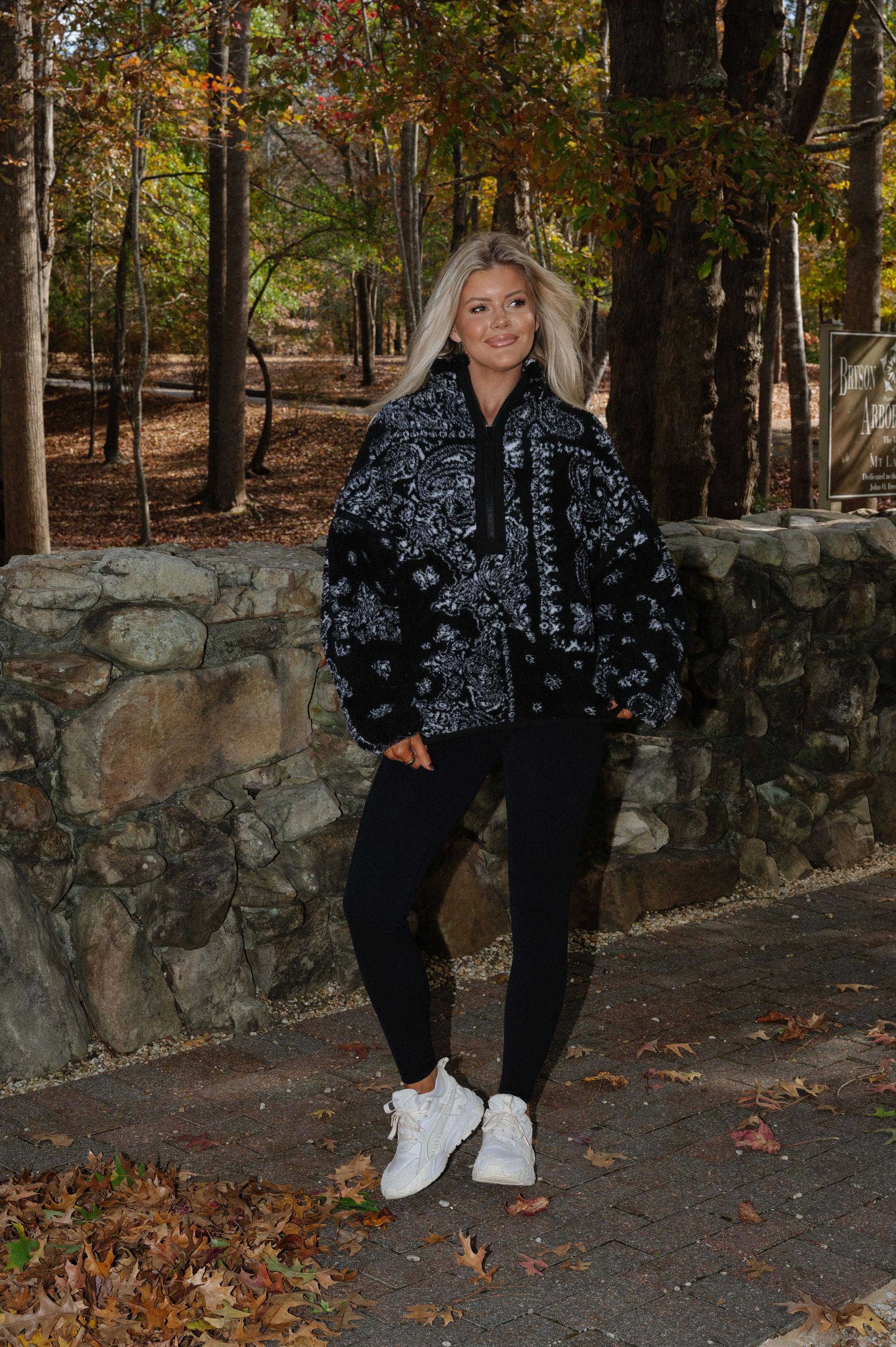 Floral Sherpa Half Zip-Black