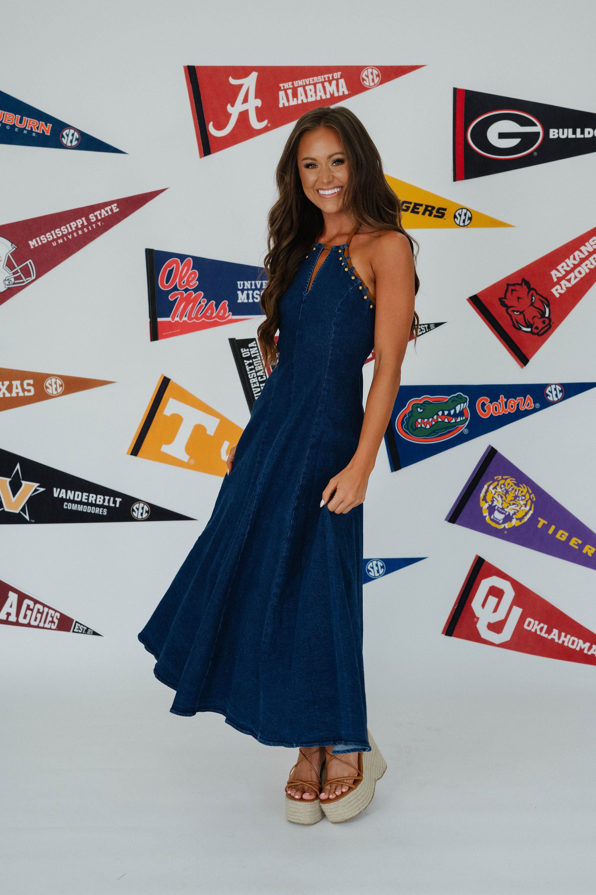 Rachel Halter Denim Maxi Dress