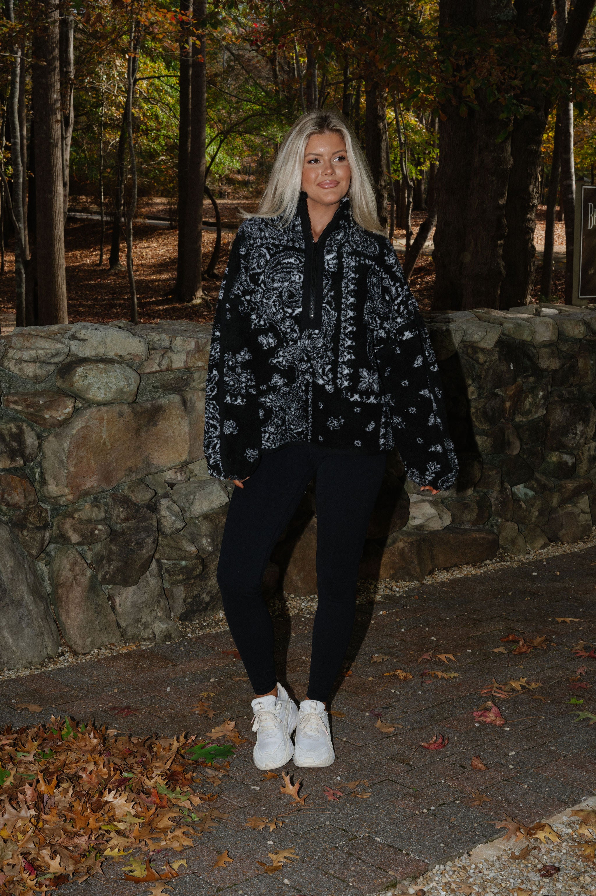Floral Sherpa Half Zip-Black
