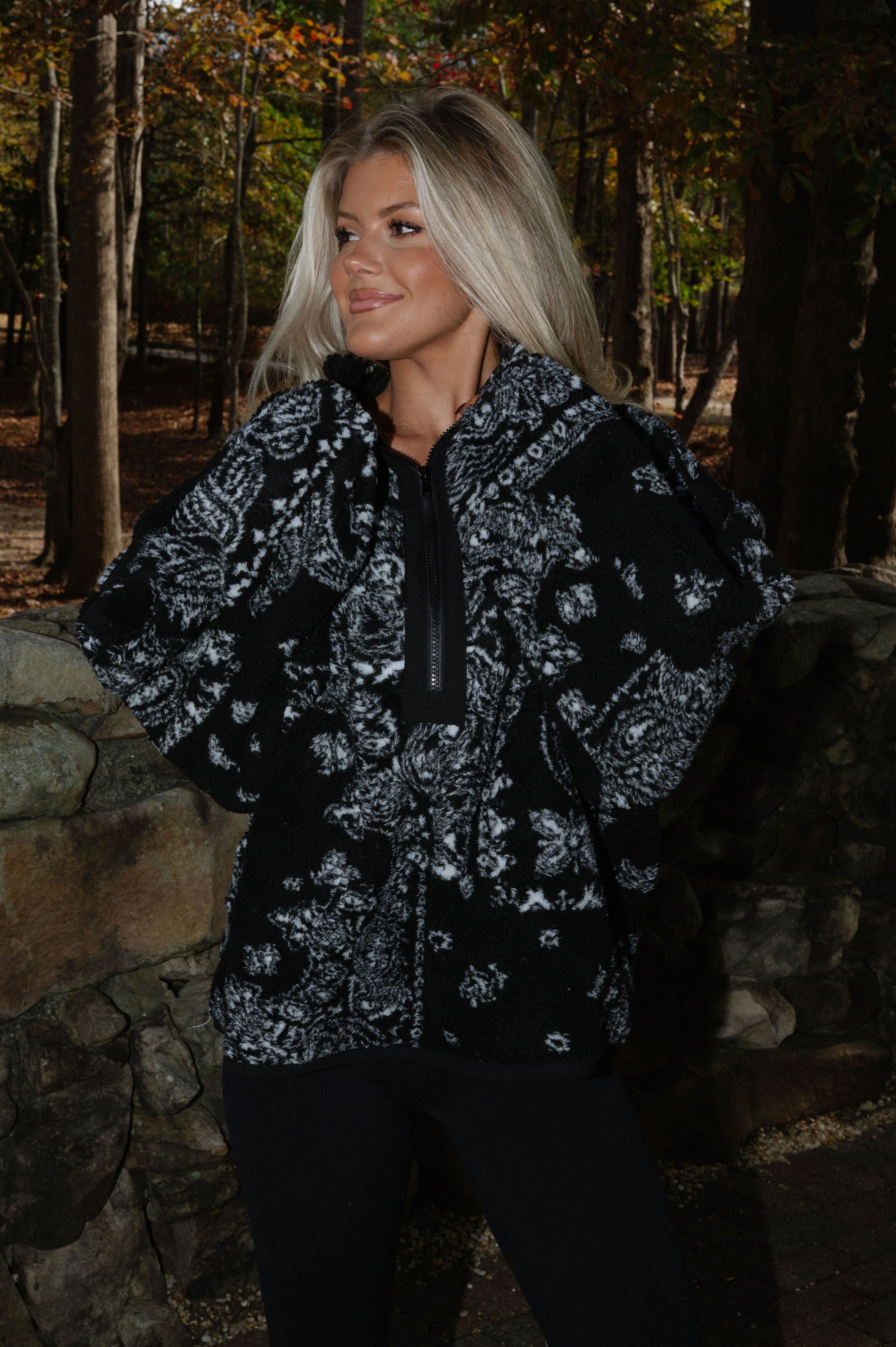 Floral Sherpa Half Zip-Black