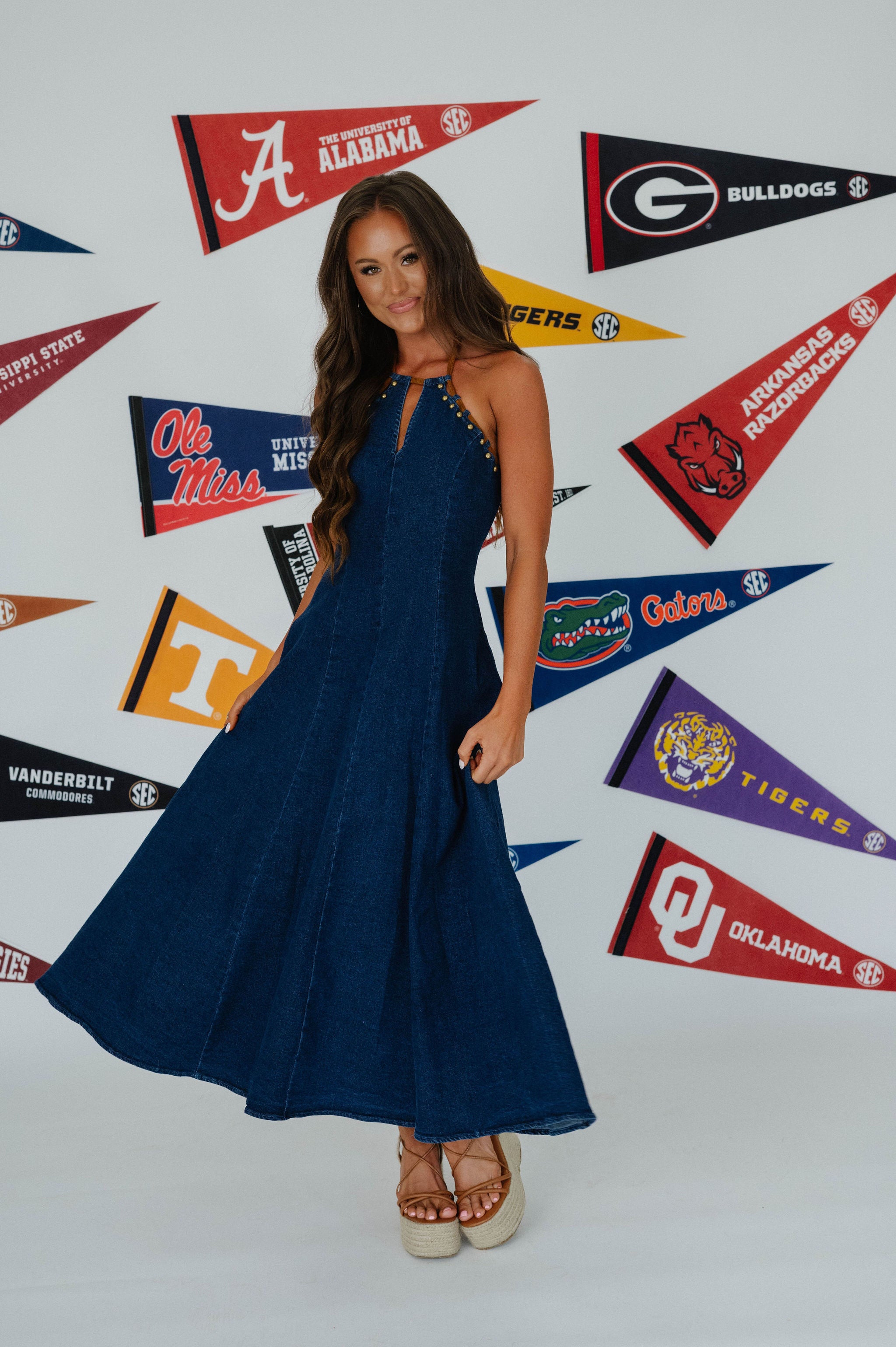 Rachel Halter Denim Maxi Dress
