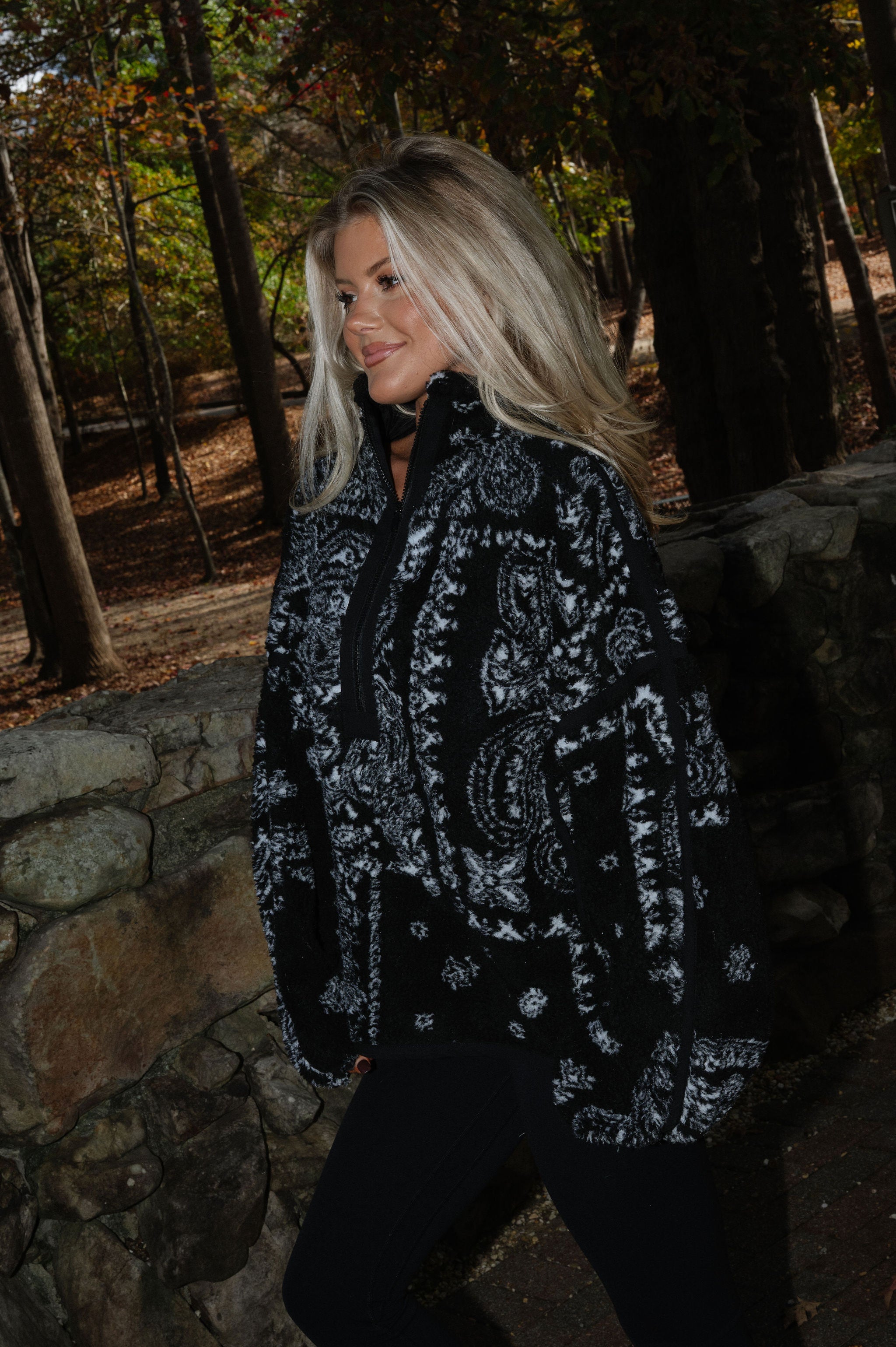 Floral Sherpa Half Zip-Black