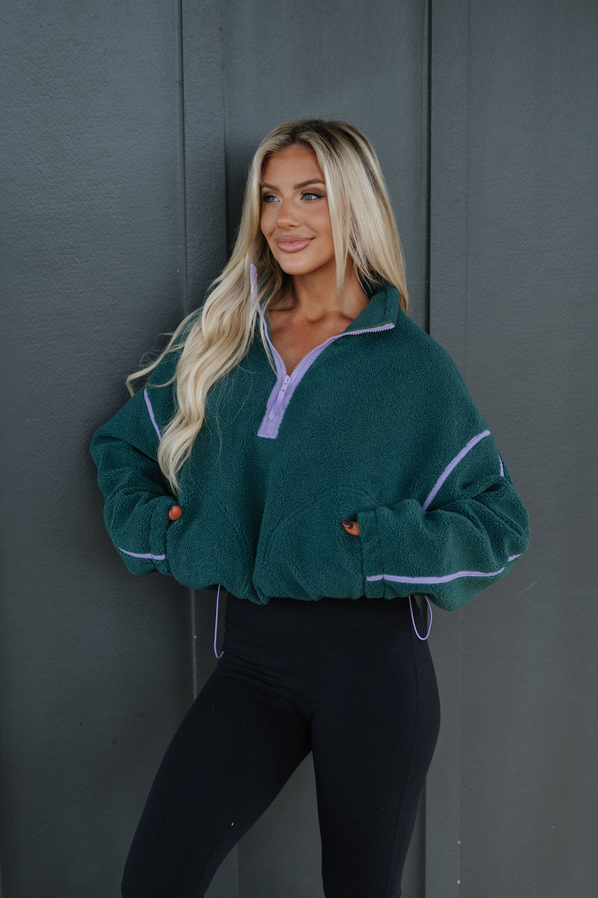 Contrast Sherpa Pullover-Evergreen