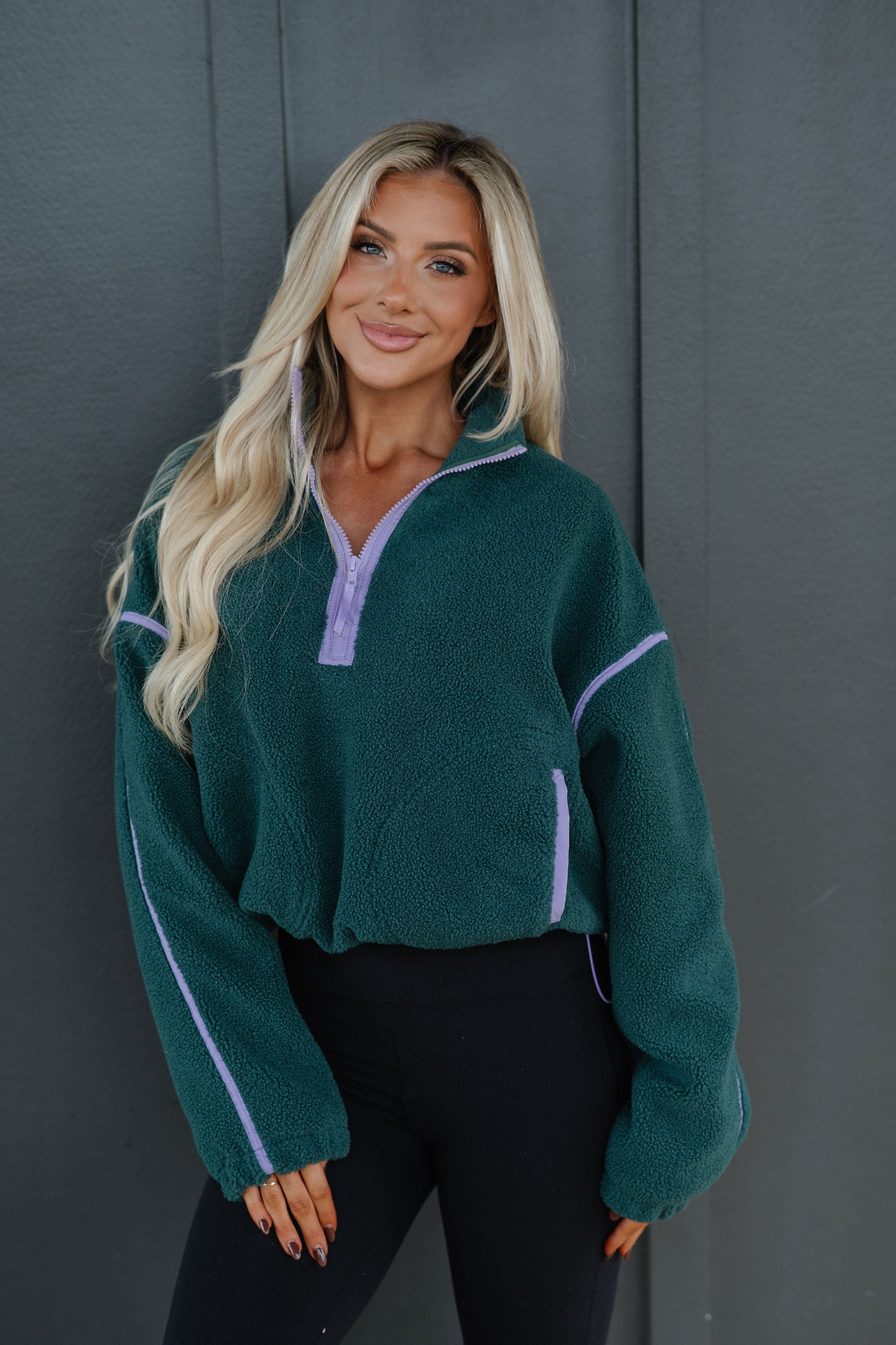 Contrast Sherpa Pullover-Evergreen