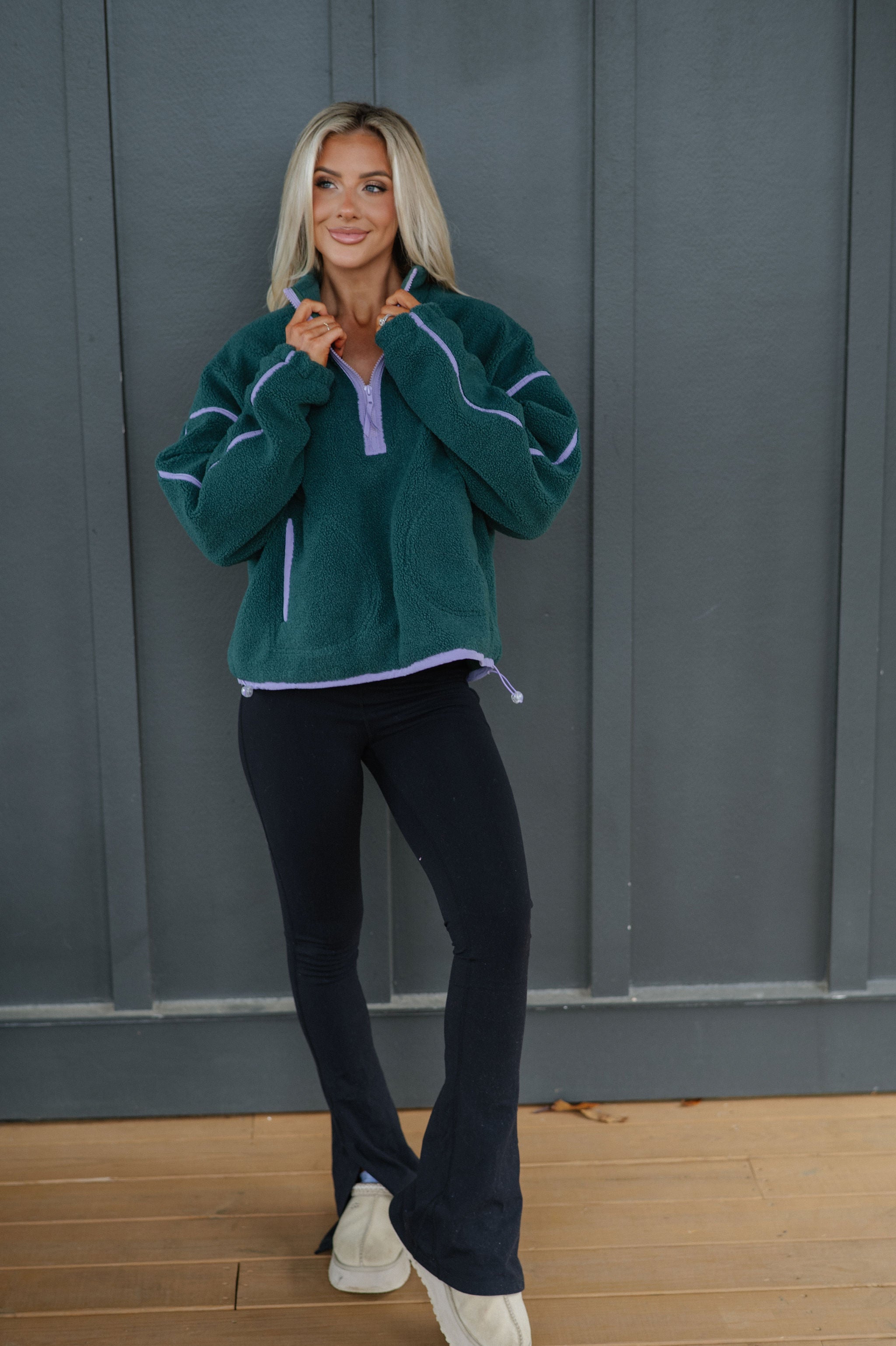 Contrast Sherpa Pullover-Evergreen