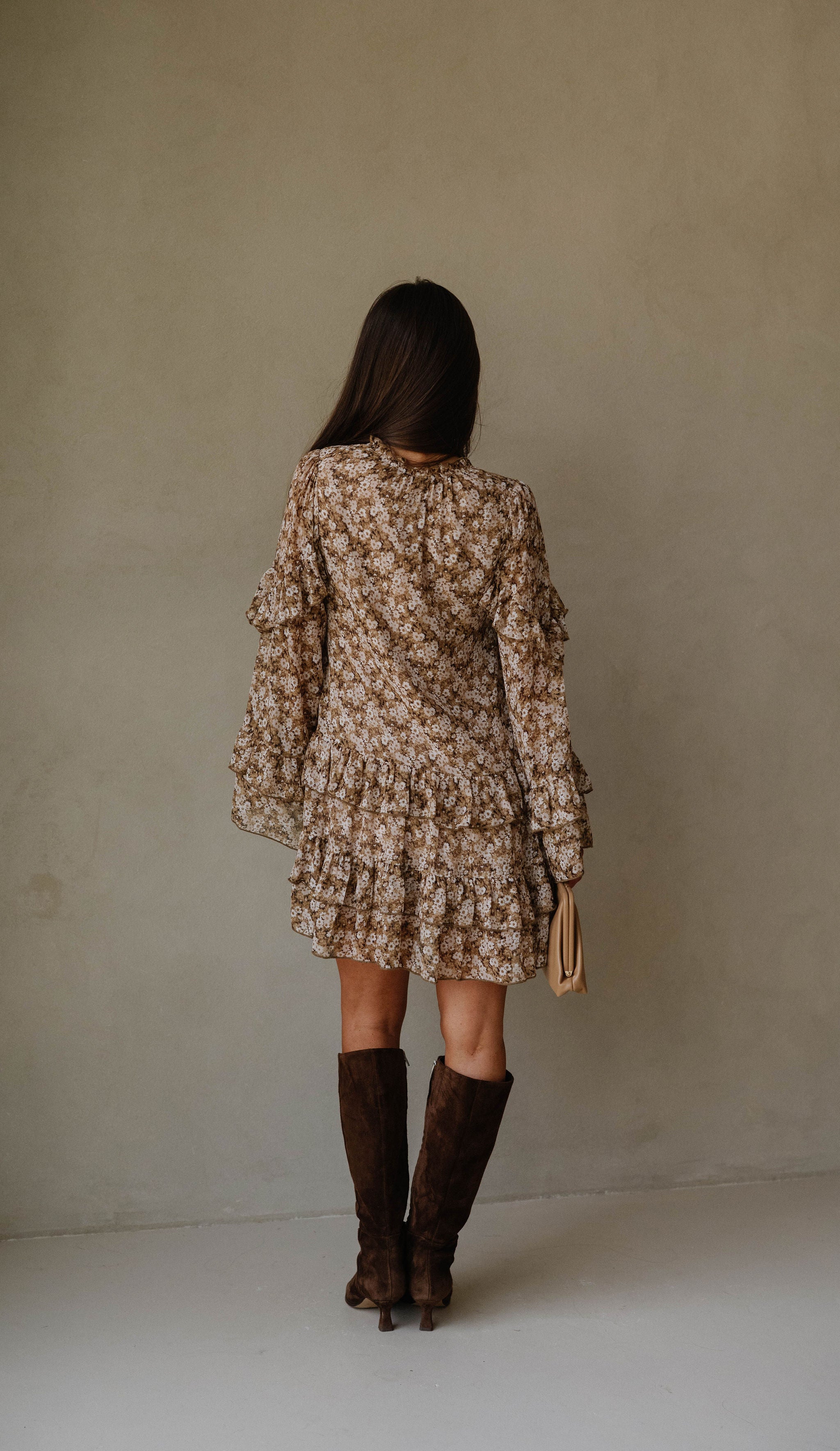 Floral Bell Sleeve Mini Dress-Olive/Taupe