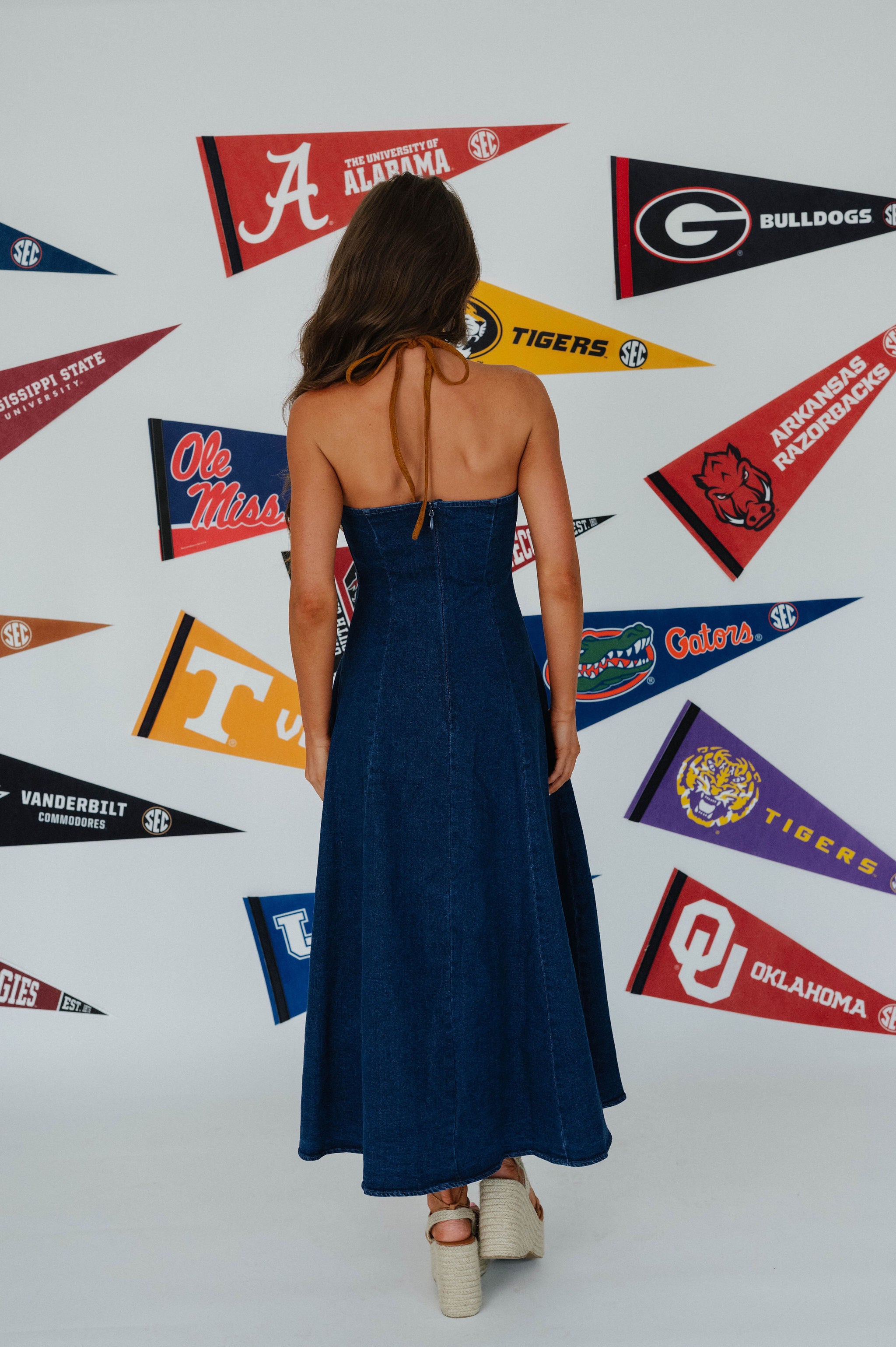 Rachel Halter Denim Maxi Dress