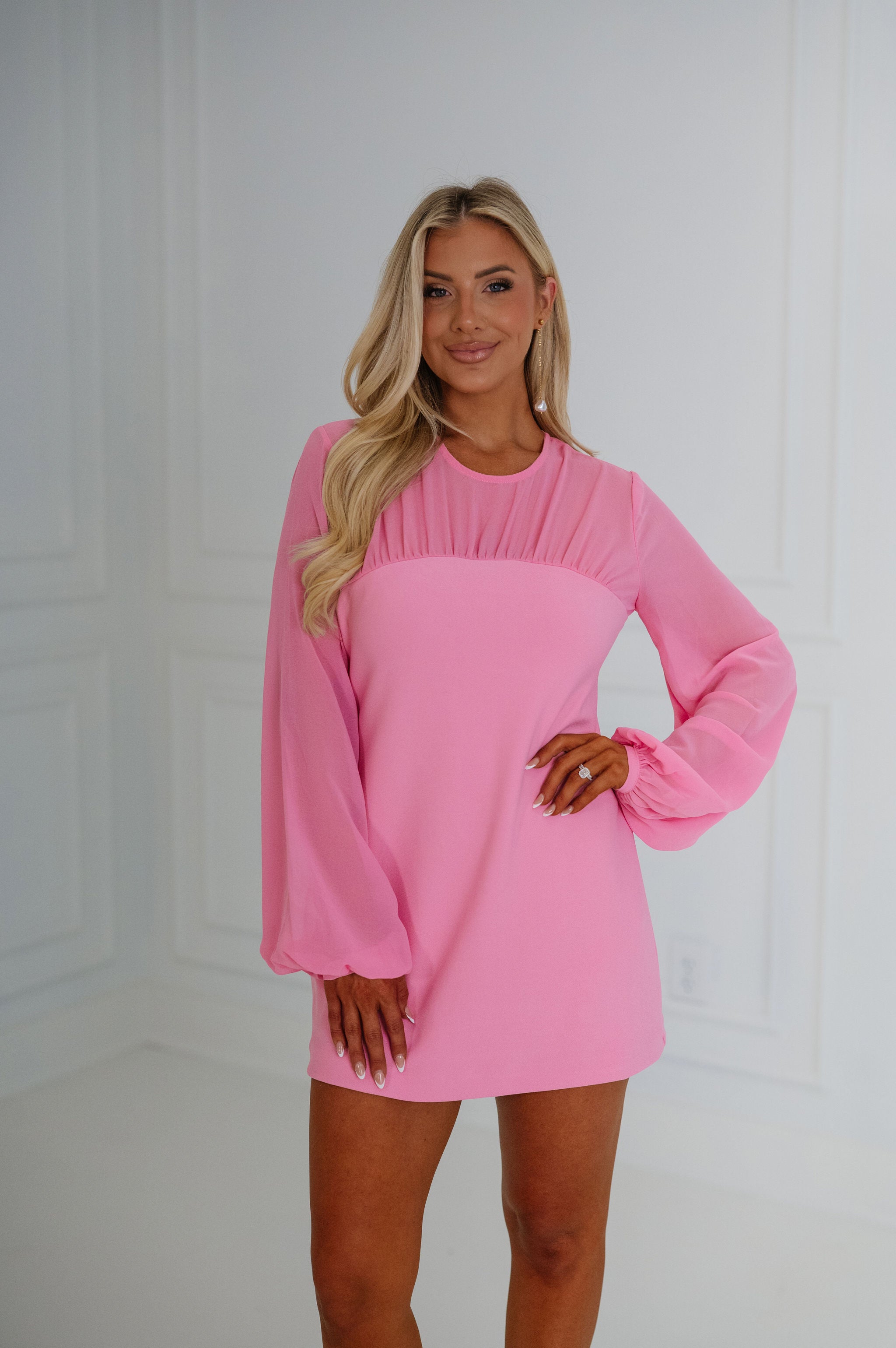 mixed media long sleeve dress Mixed Media Mini Dress-Pink L