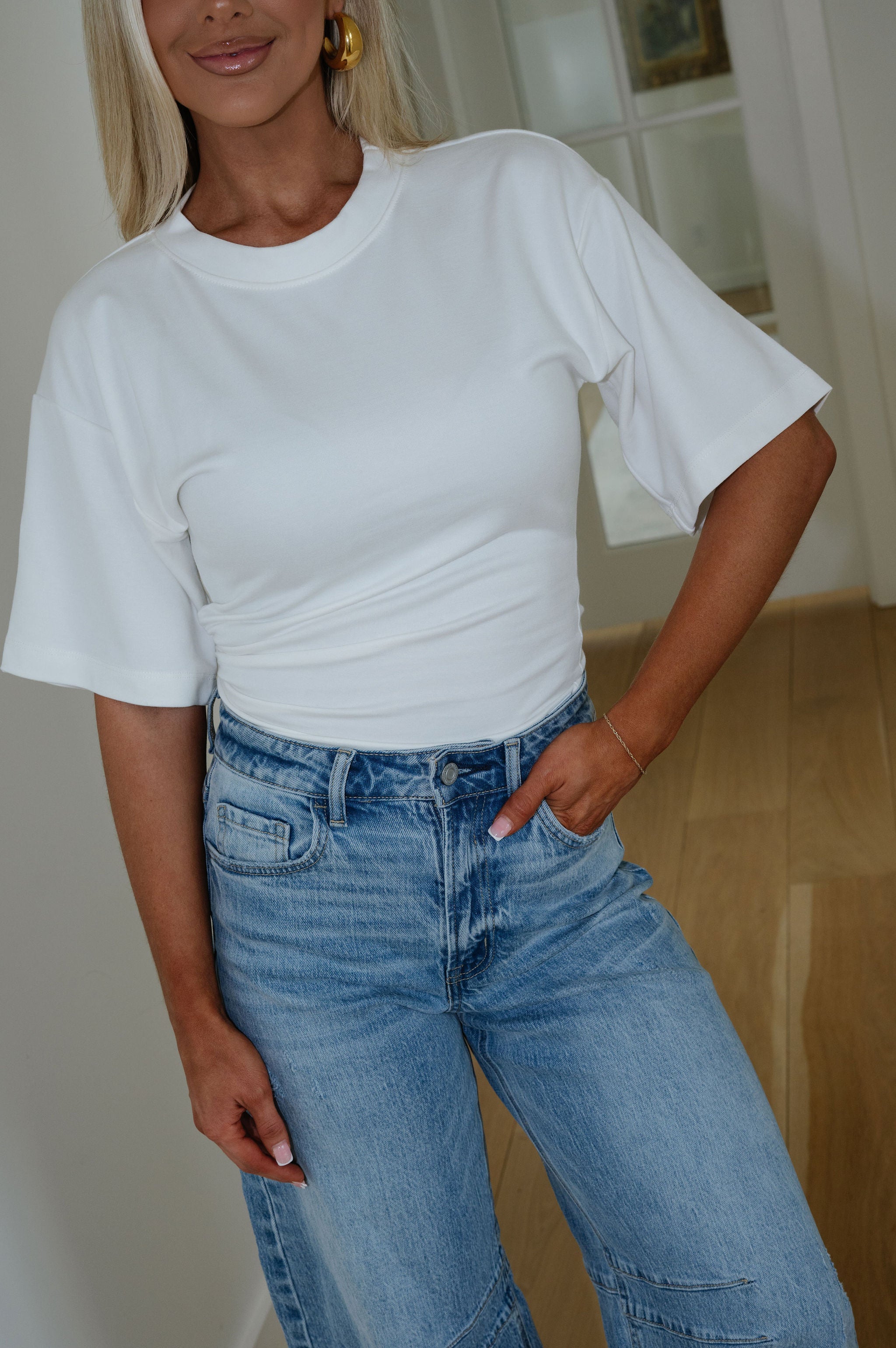 Elevated Basic Ruched Top-Off White