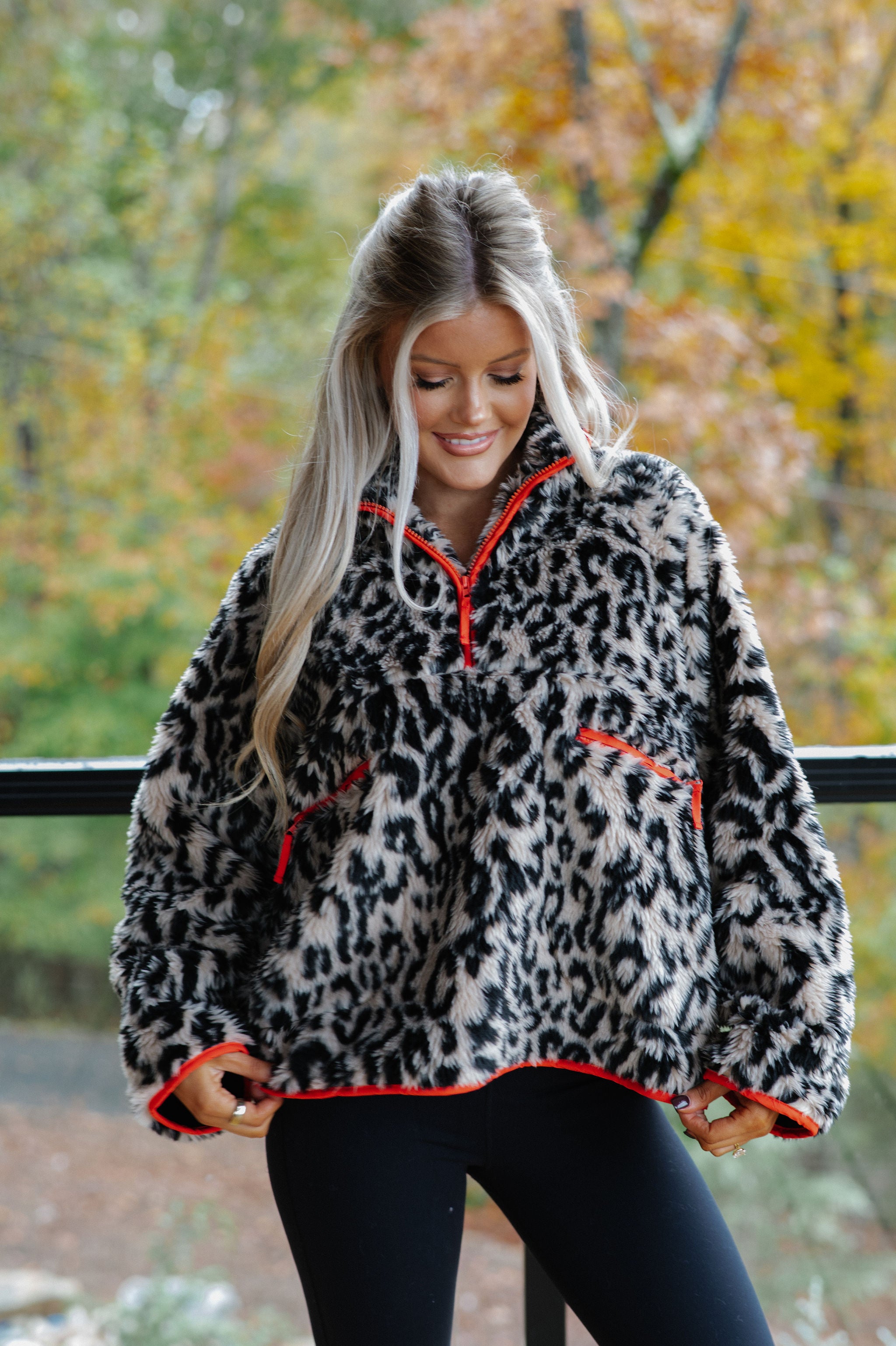 Leopard Half Zip Front Pullover-Beige