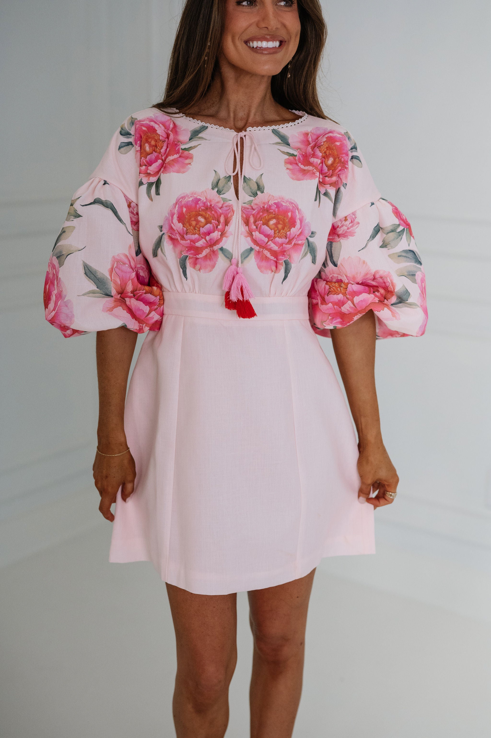 Georgia Floral Eyelet Lace Mini Dress-Pink