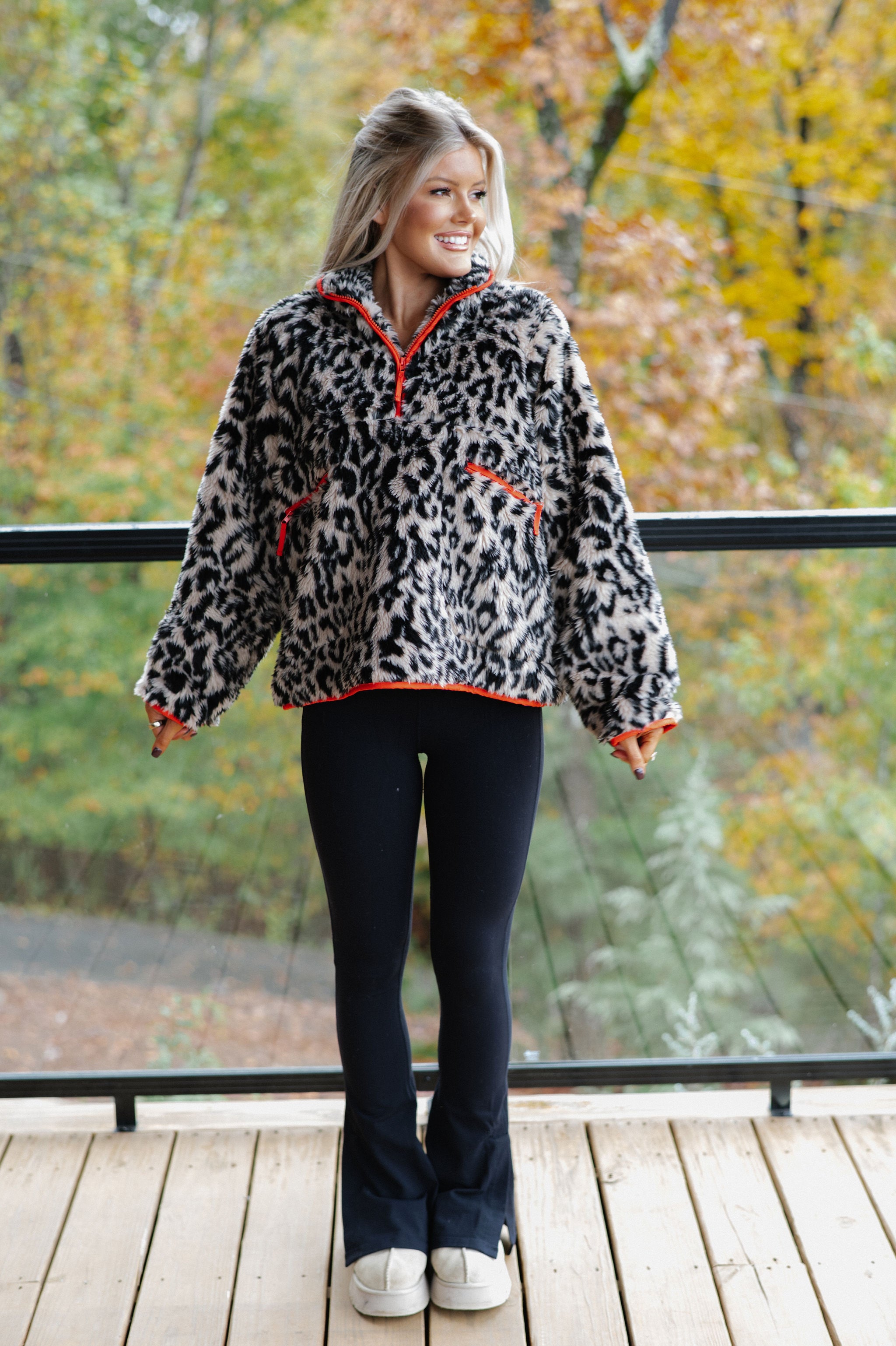 Leopard Half Zip Front Pullover-Beige