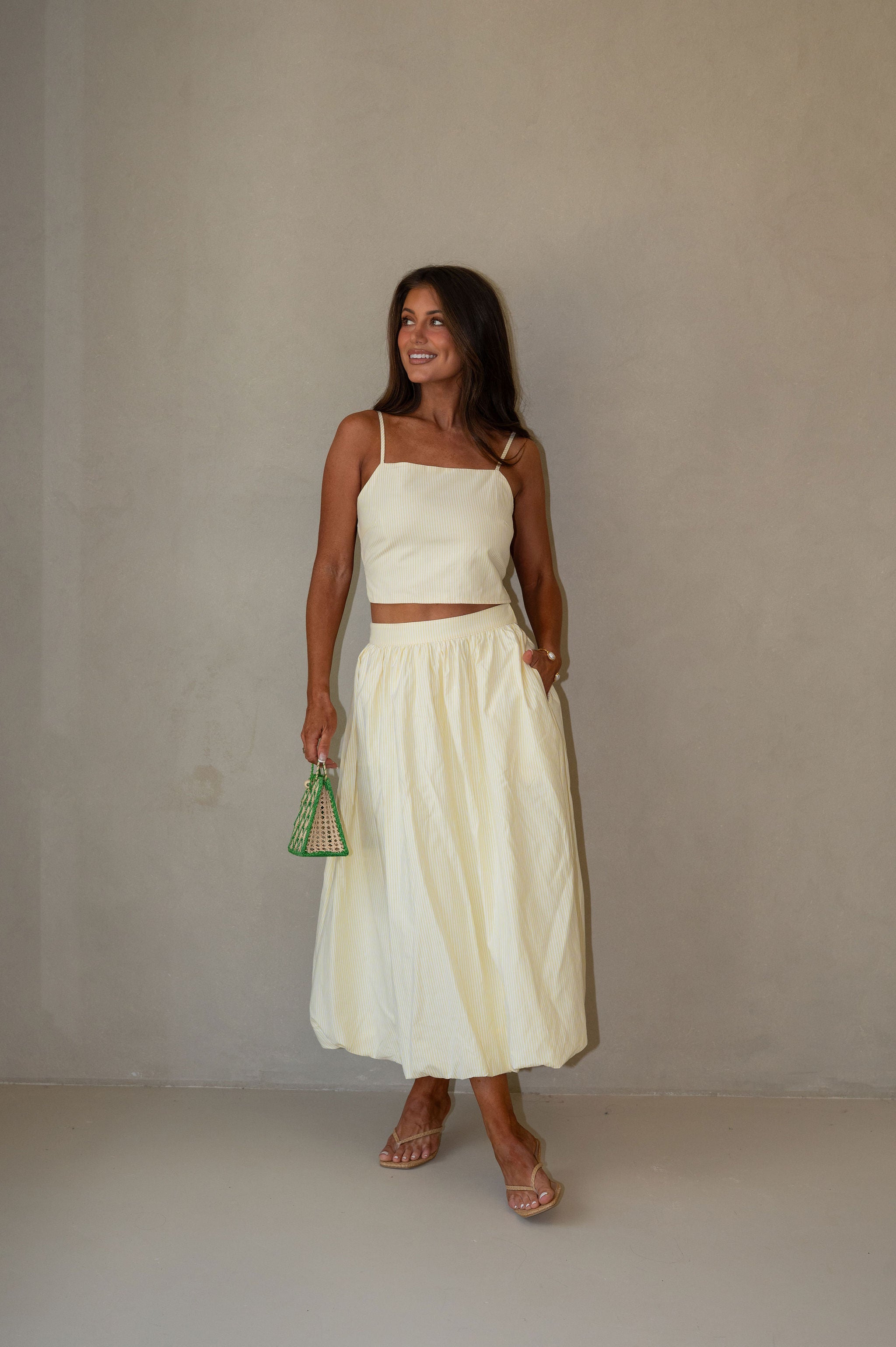 Striped Bubble Hem Midi Skirt Set-Yellow