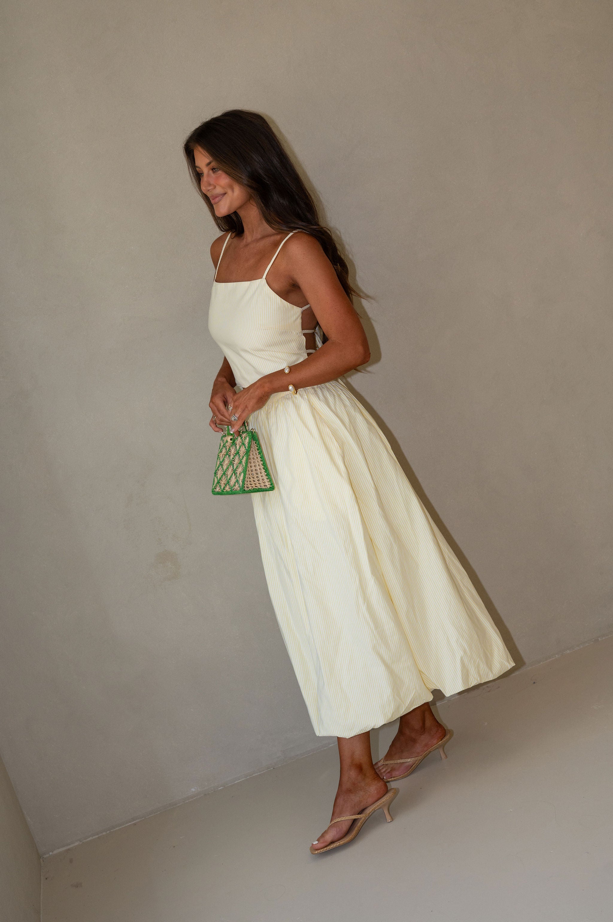 Striped Bubble Hem Midi Skirt Set-Yellow