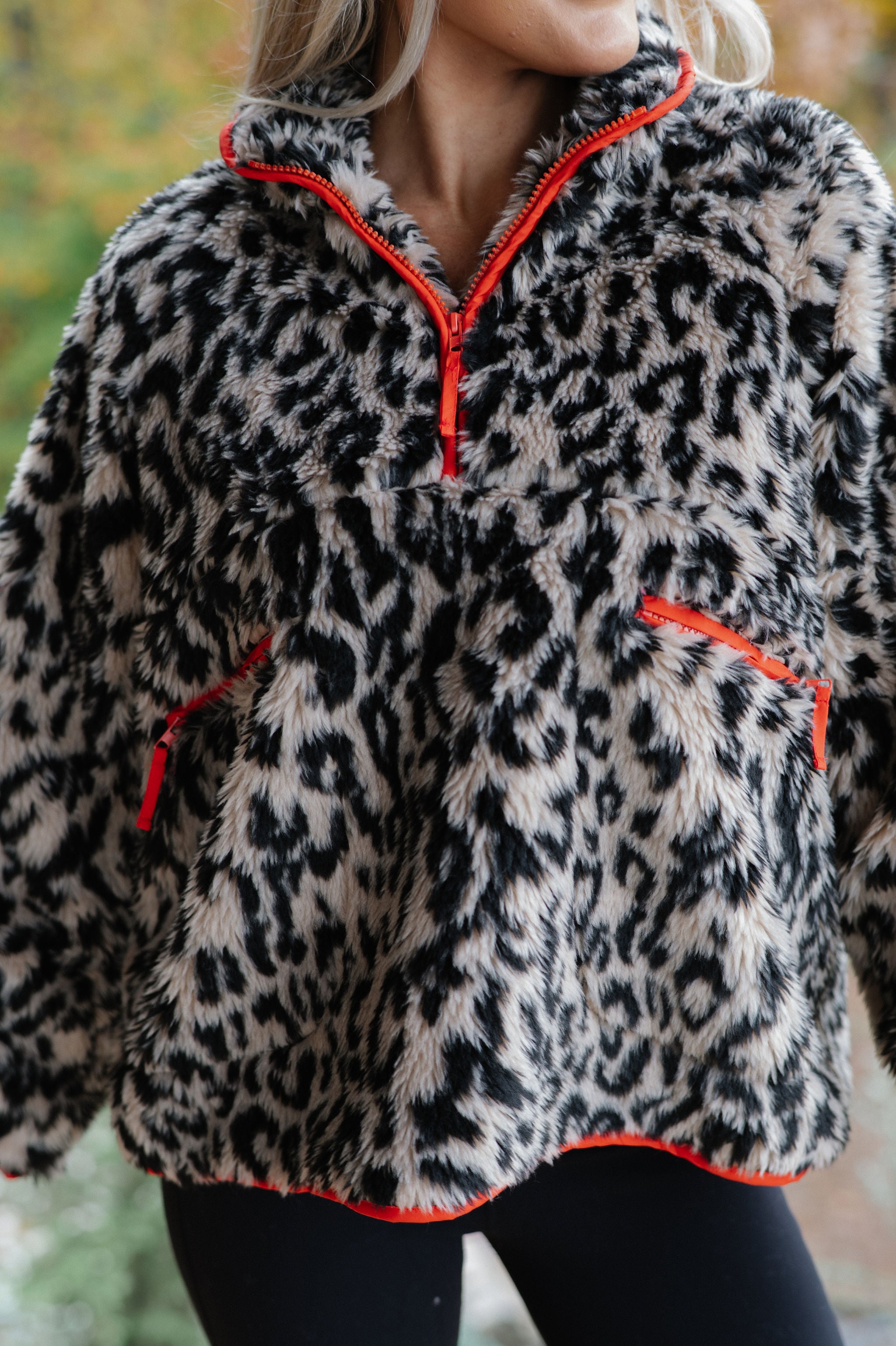 Leopard Half Zip Front Pullover-Beige