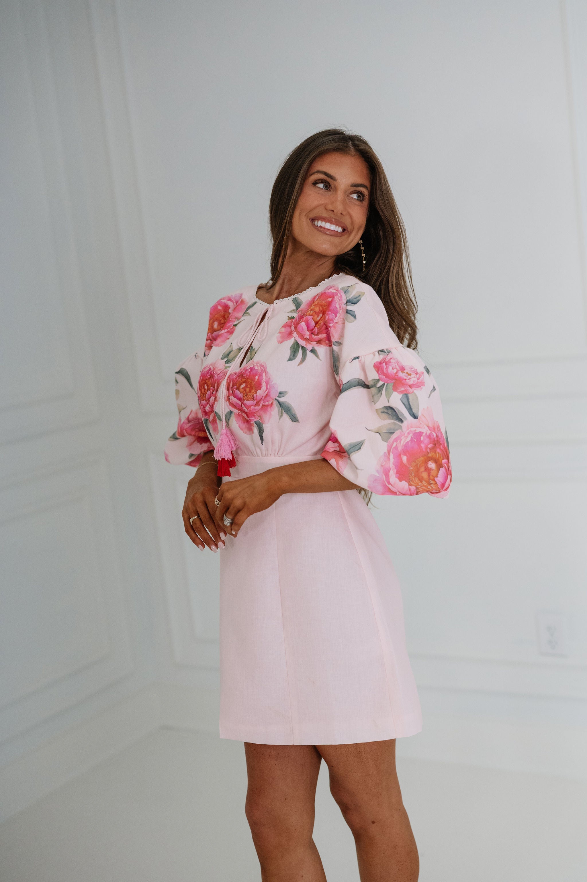 Georgia Floral Eyelet Lace Mini Dress-Pink