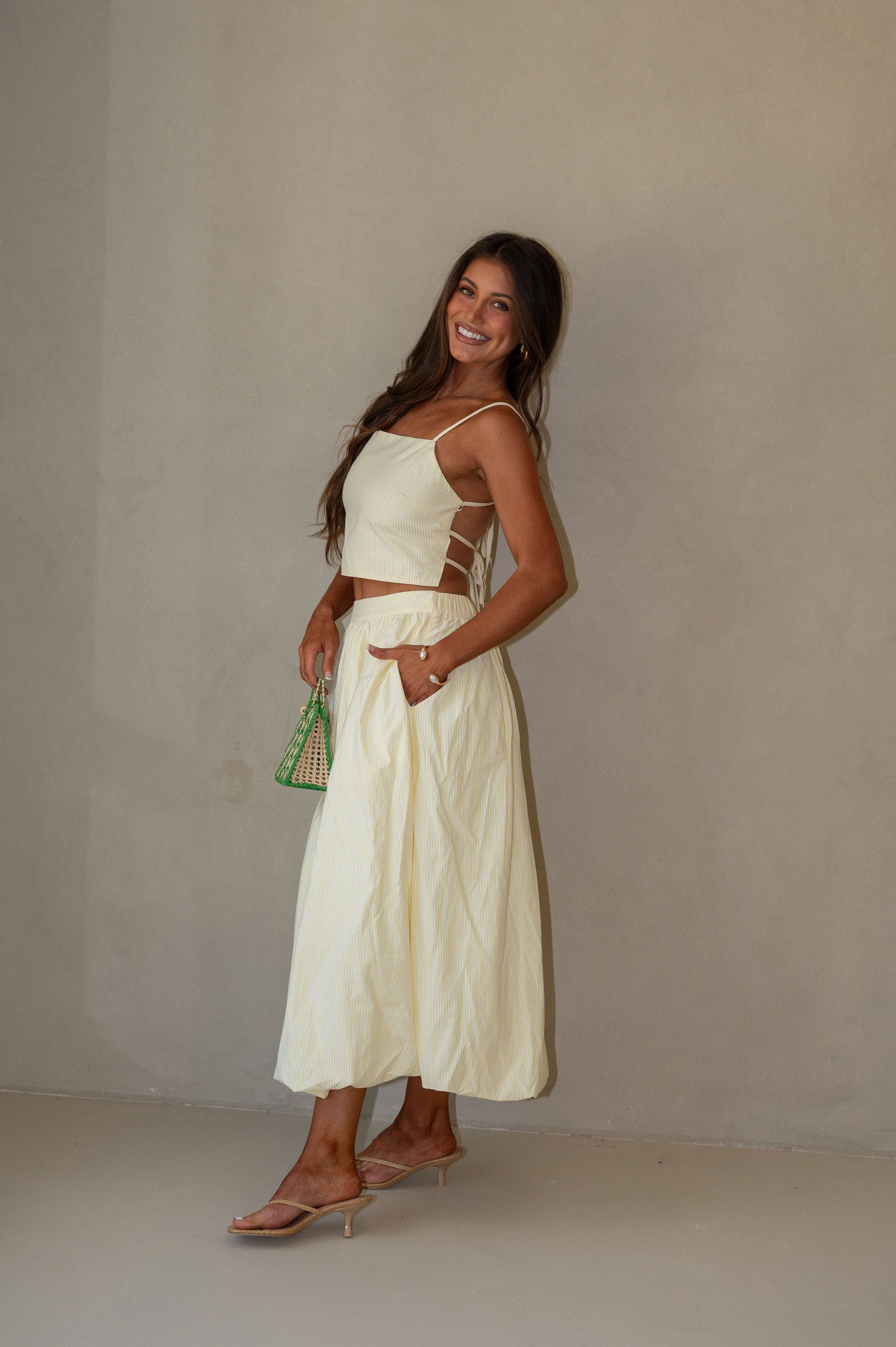 Striped Bubble Hem Midi Skirt Set-Yellow