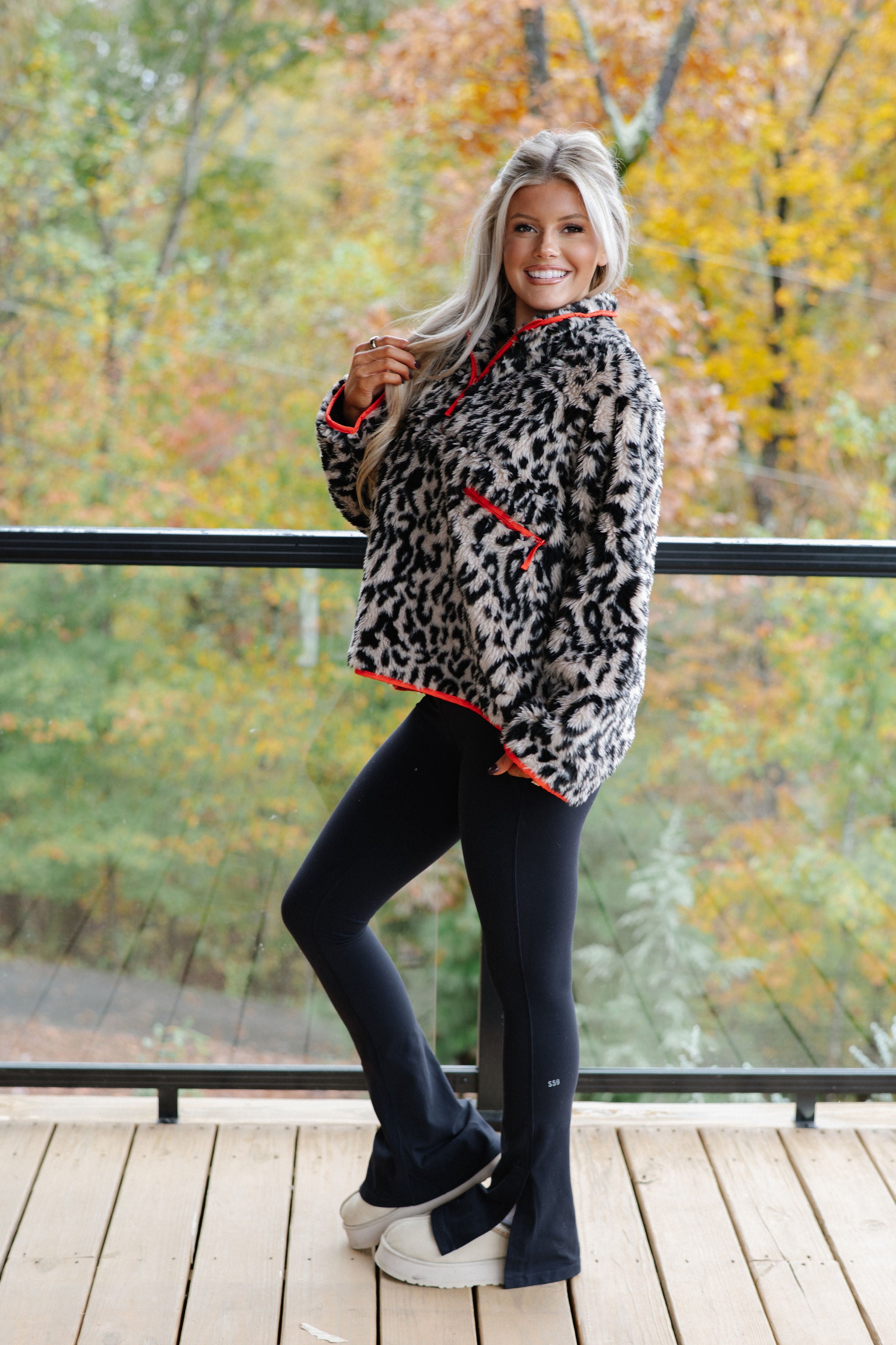 Leopard Half Zip Front Pullover-Beige