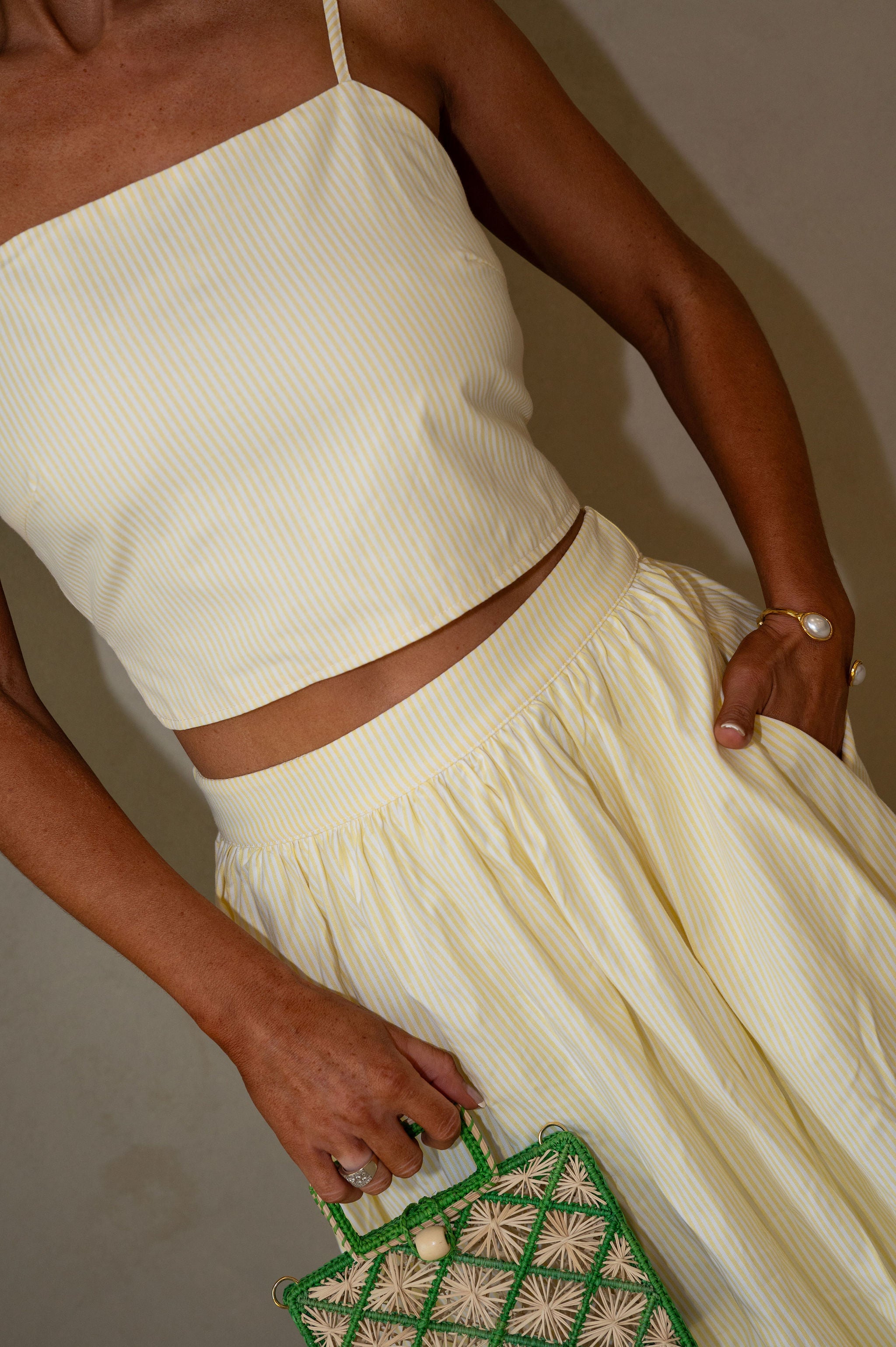 Striped Bubble Hem Midi Skirt Set-Yellow