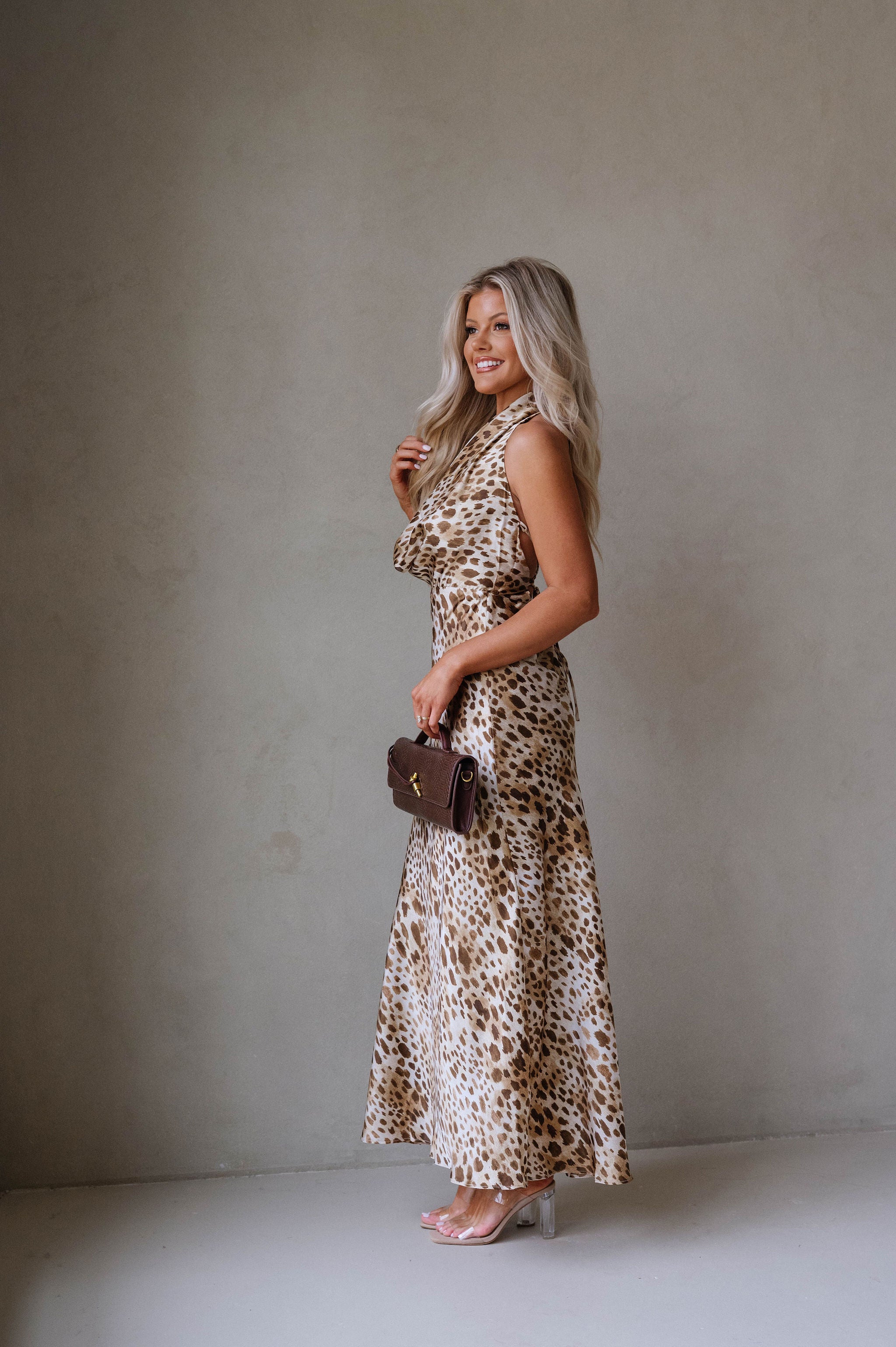 Savanna Draped Halter Neck Maxi Dress-Soft Brown