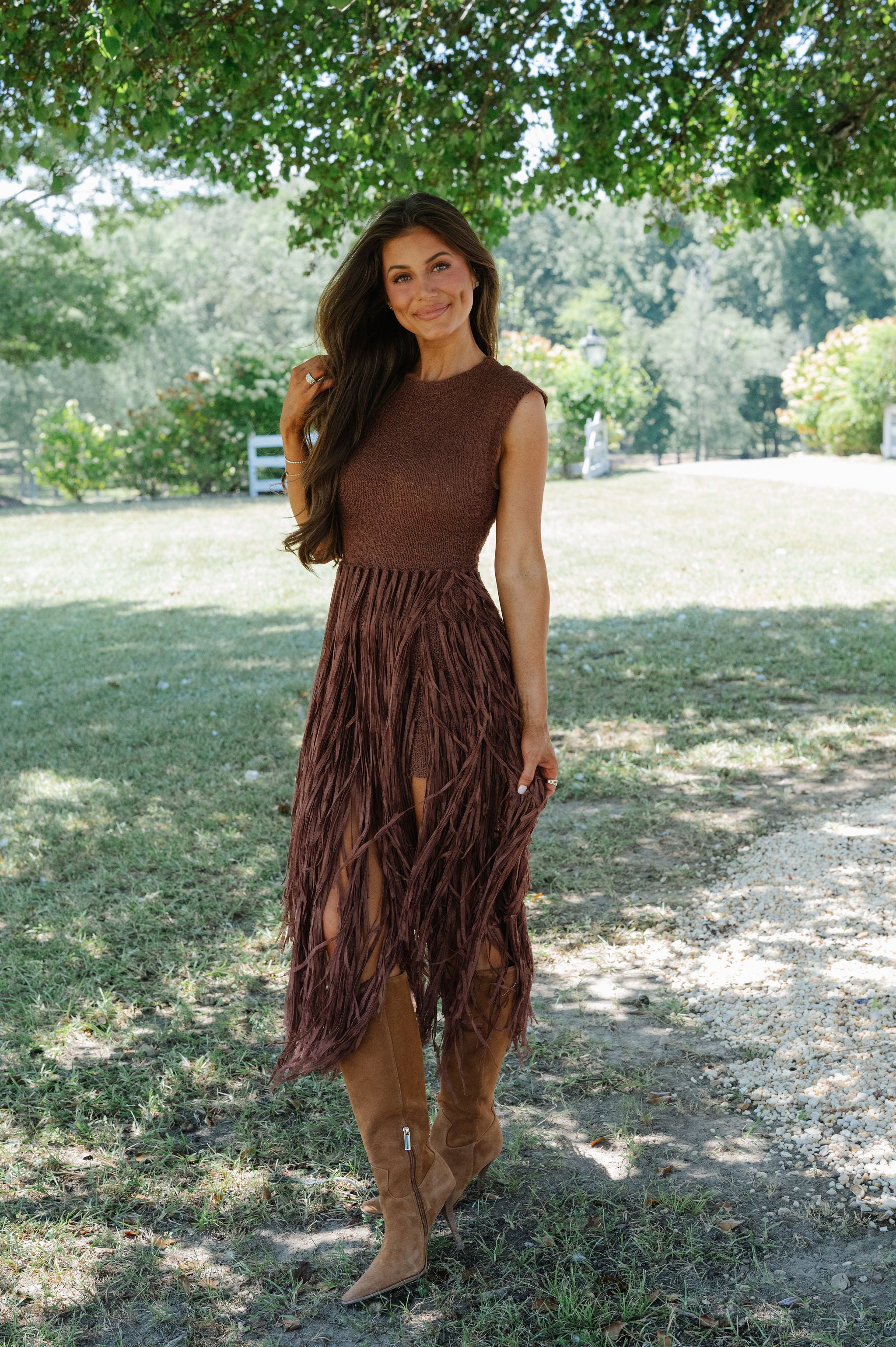 Romy Fringe Knit Dress-Cafe