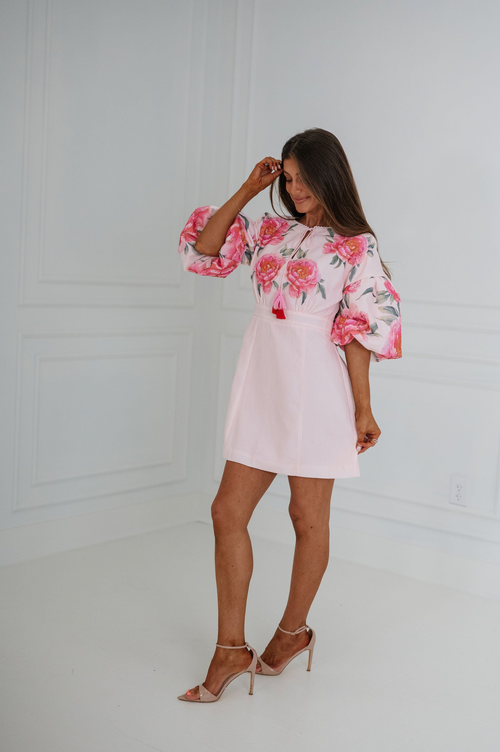 Georgia Floral Eyelet Lace Mini Dress-Pink
