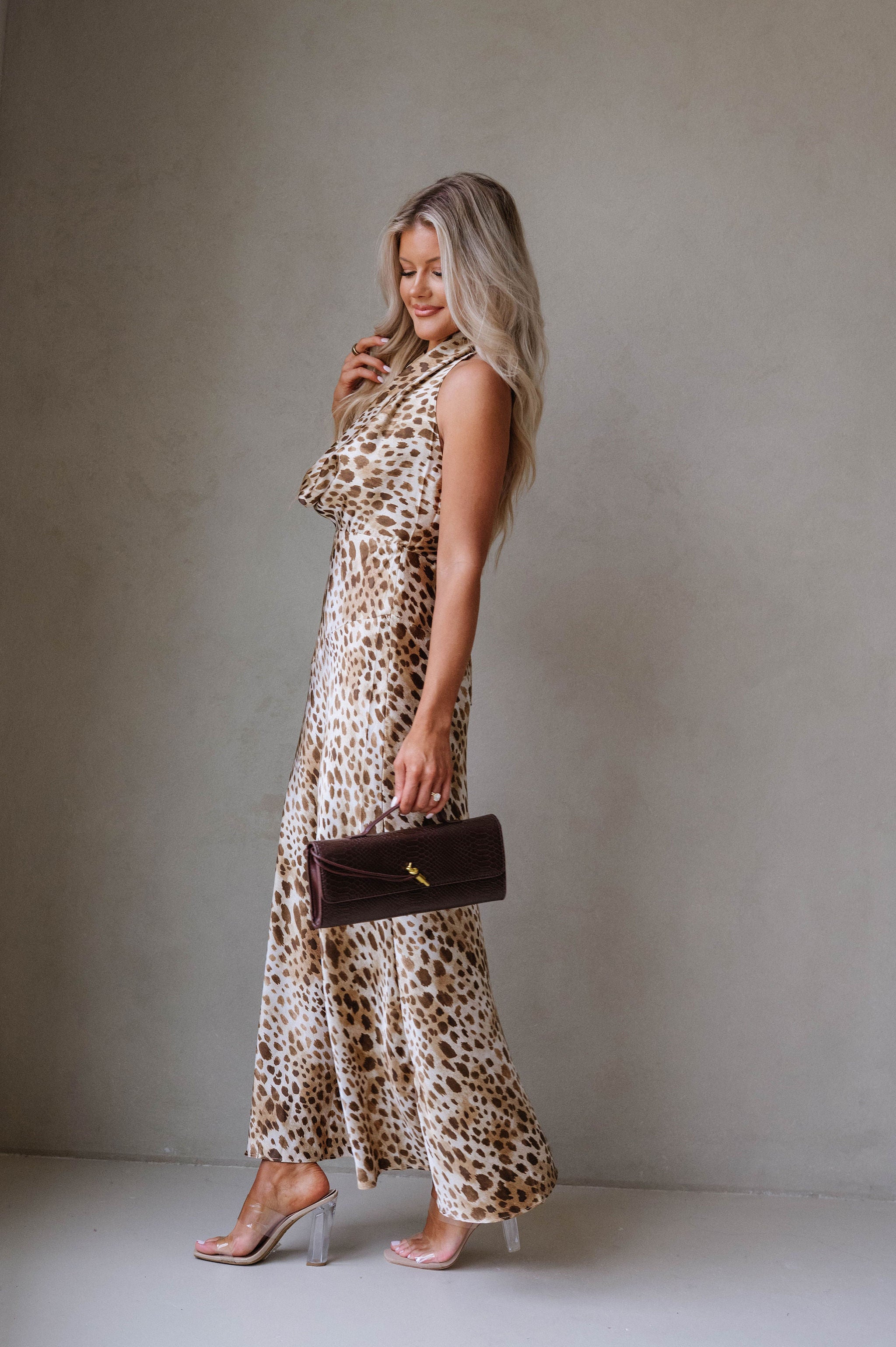 Savanna Draped Halter Neck Maxi Dress-Soft Brown